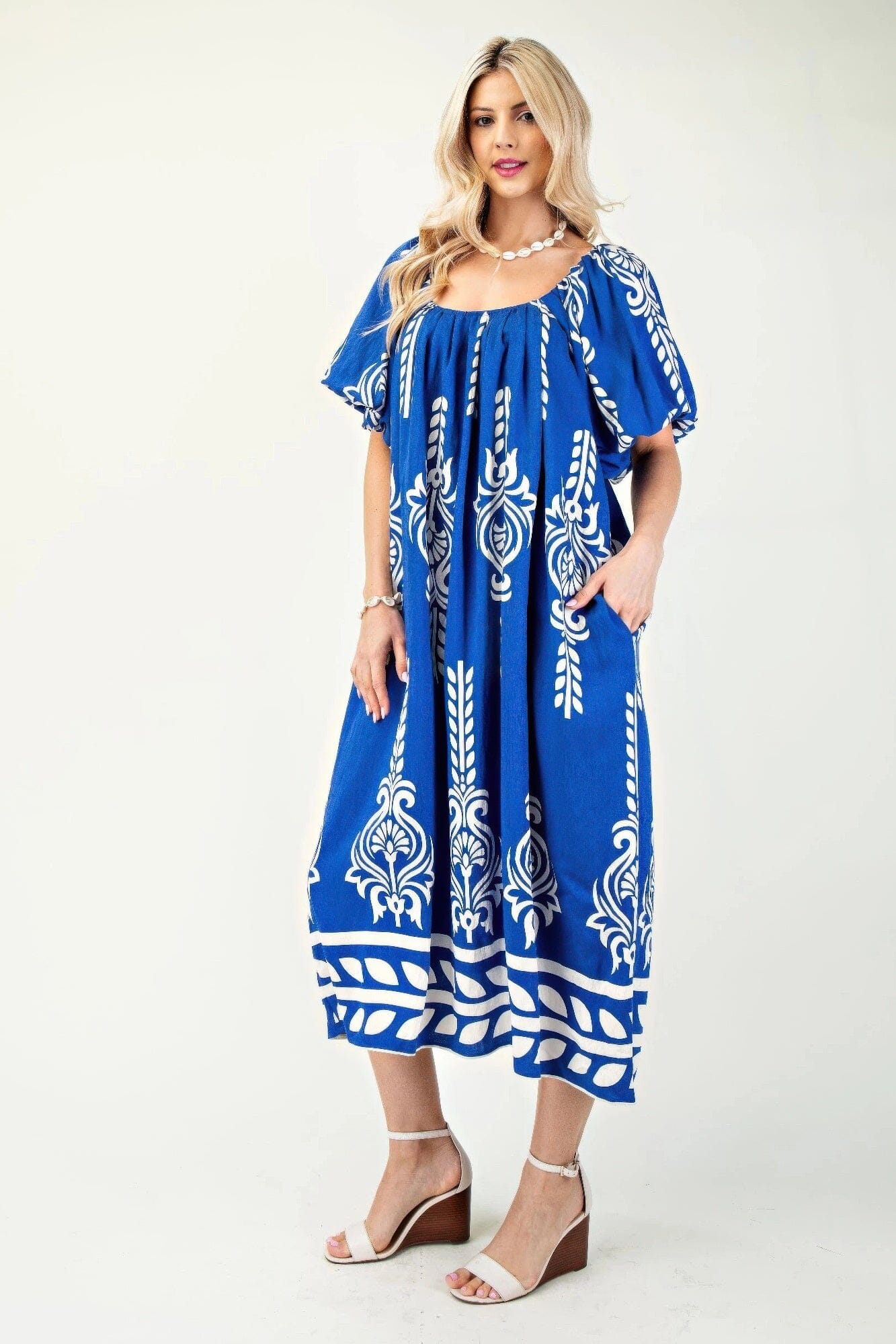 Women Printed Short Puff Sleeves Midi Dress Dresses jehouze