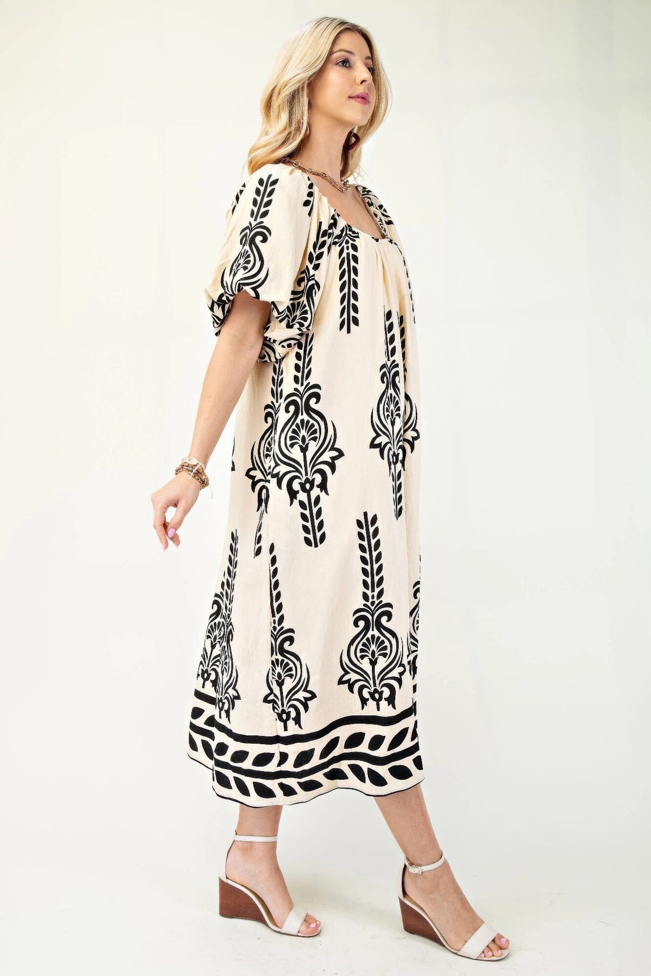 Women Printed Short Puff Sleeves Midi Dress Dresses jehouze