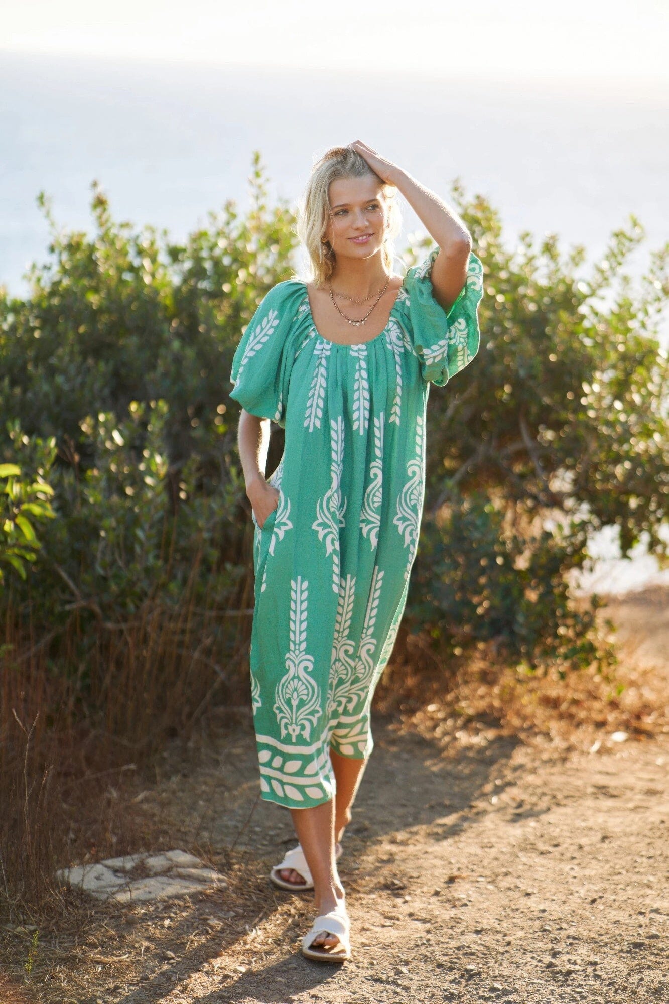 Women Printed Short Puff Sleeves Midi Dress Dresses jehouze