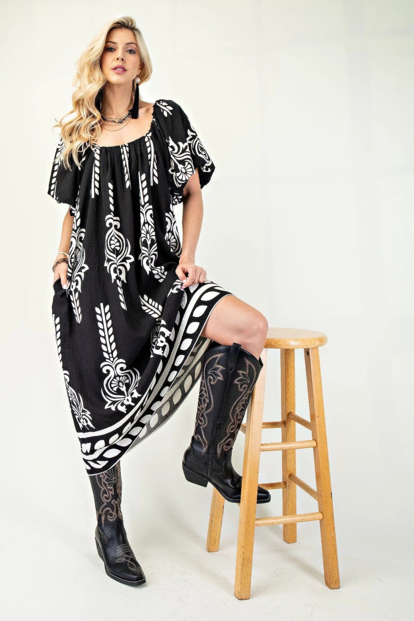 Women Printed Short Puff Sleeves Midi Dress Dresses jehouze