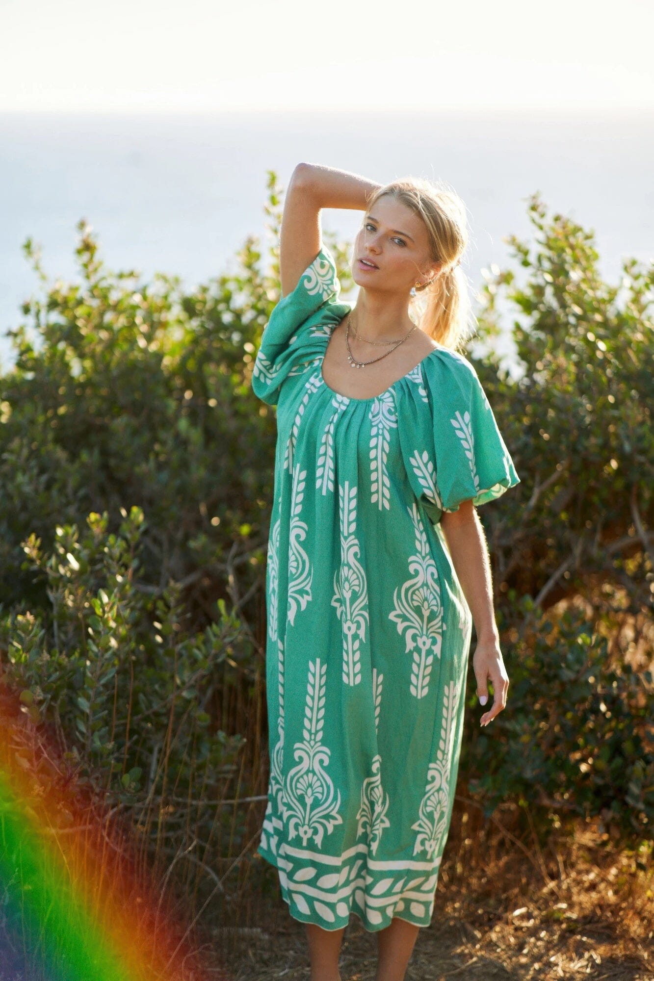 Women Printed Short Puff Sleeves Midi Dress Dresses jehouze