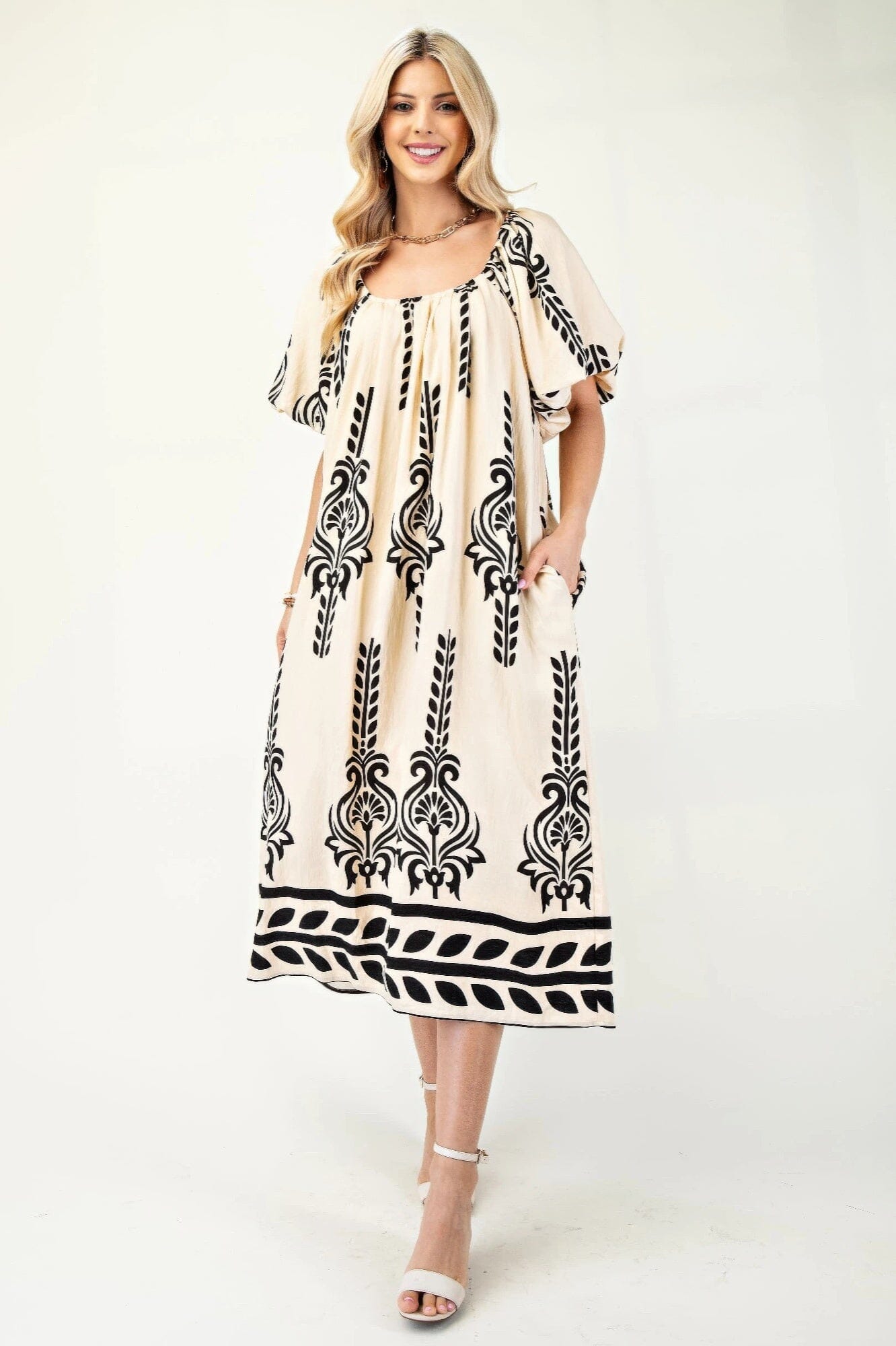 Women Printed Short Puff Sleeves Midi Dress Dresses jehouze
