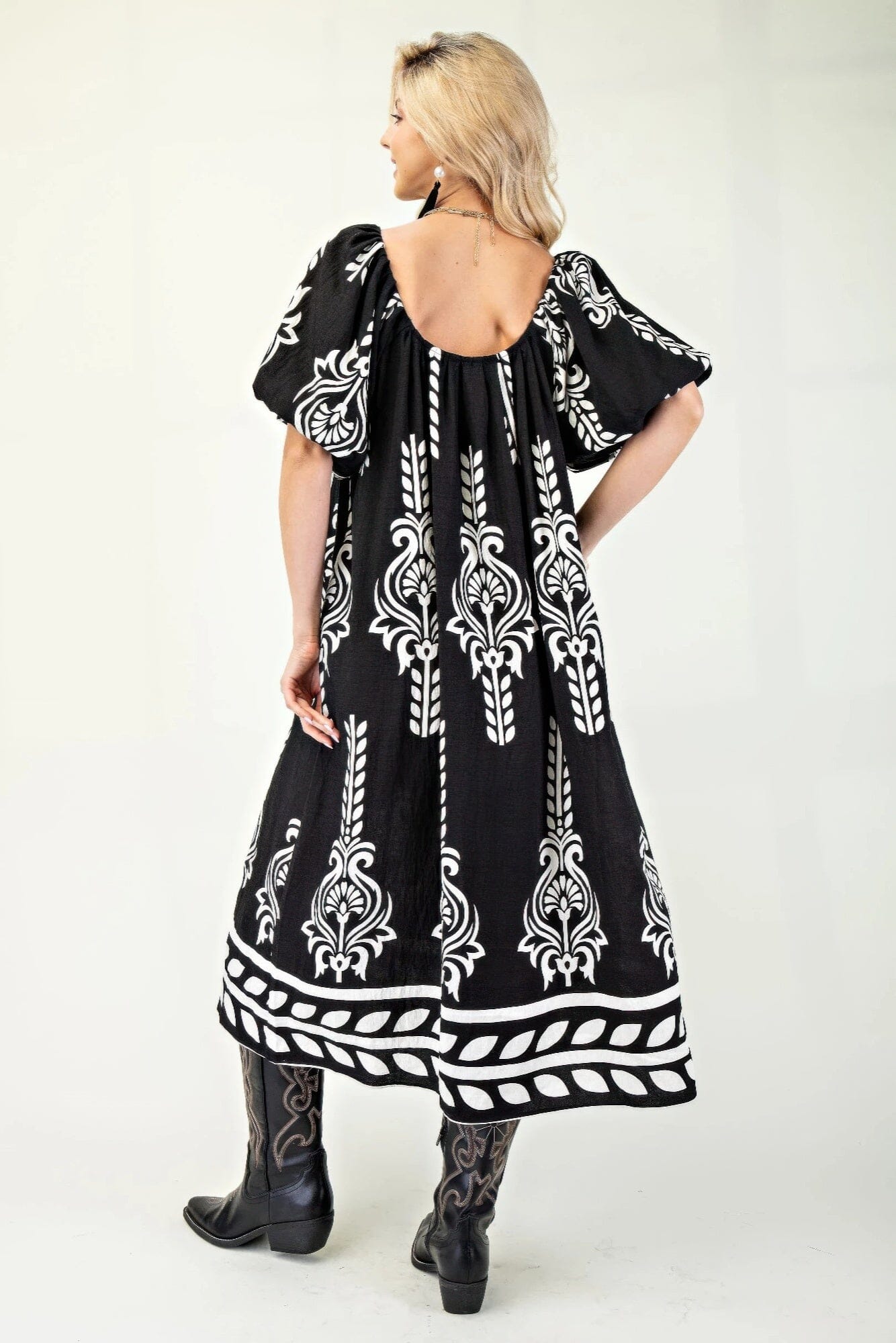 Women Printed Short Puff Sleeves Midi Dress Dresses jehouze