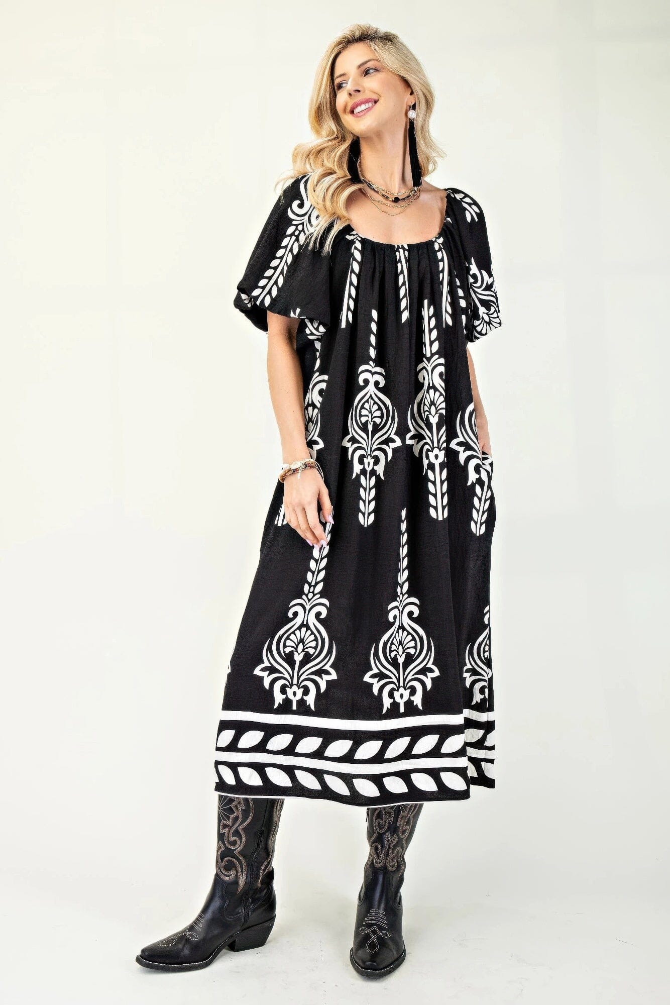 Women Printed Short Puff Sleeves Midi Dress Dresses jehouze