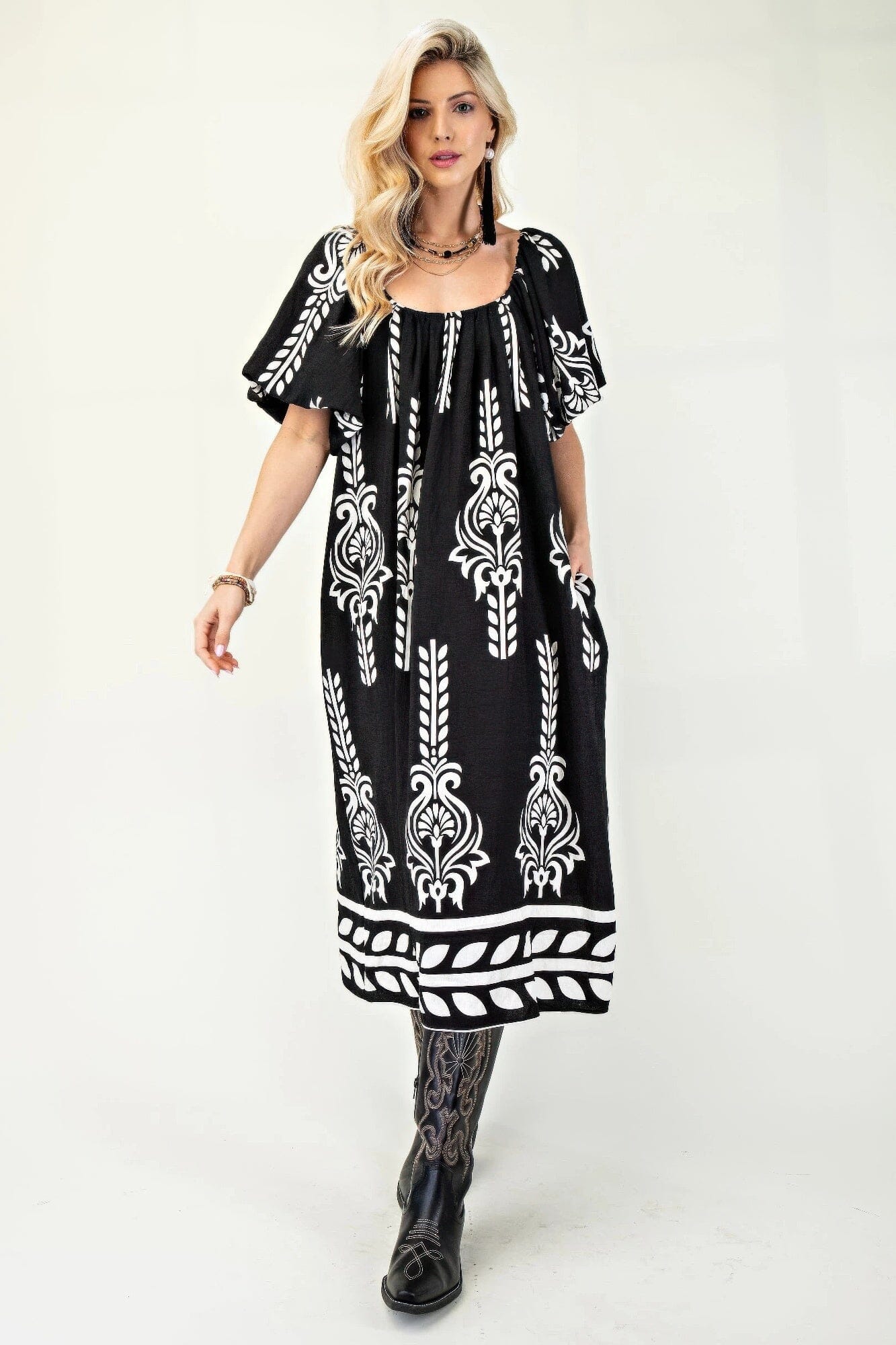 Women Printed Short Puff Sleeves Midi Dress Dresses jehouze Black S