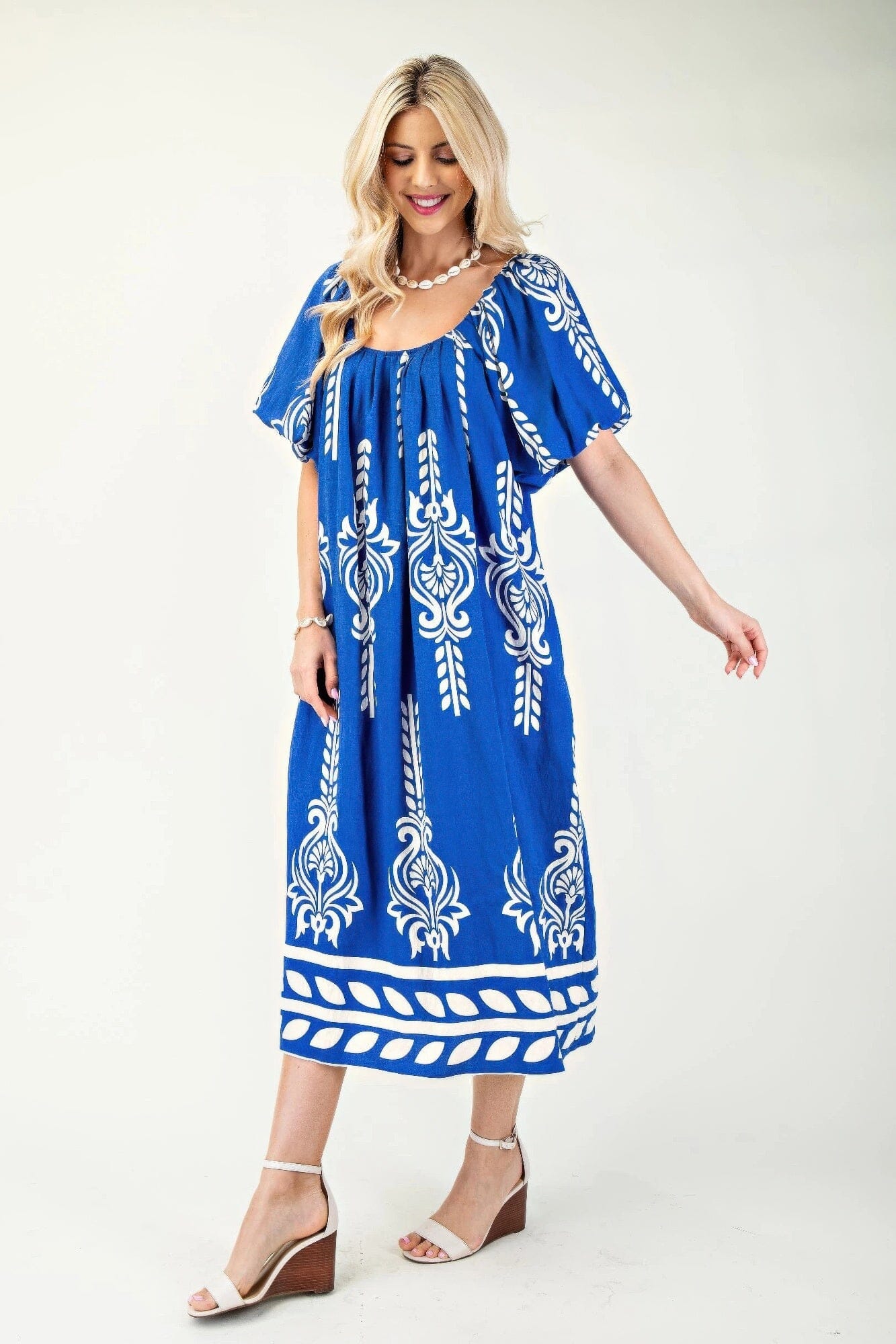 Women Printed Short Puff Sleeves Midi Dress Dresses jehouze Blue S