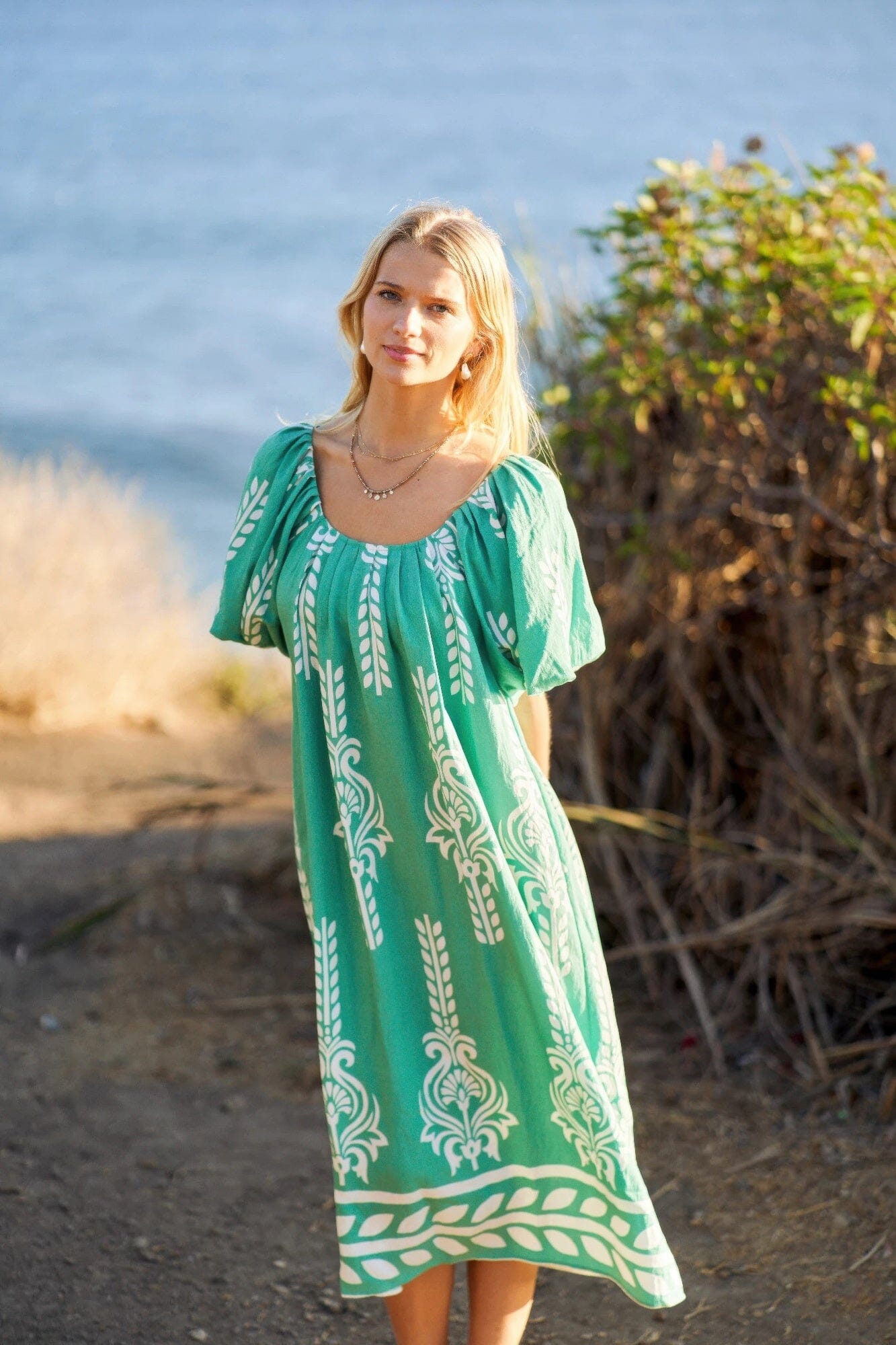 Women Printed Short Puff Sleeves Midi Dress Dresses jehouze Emerald S