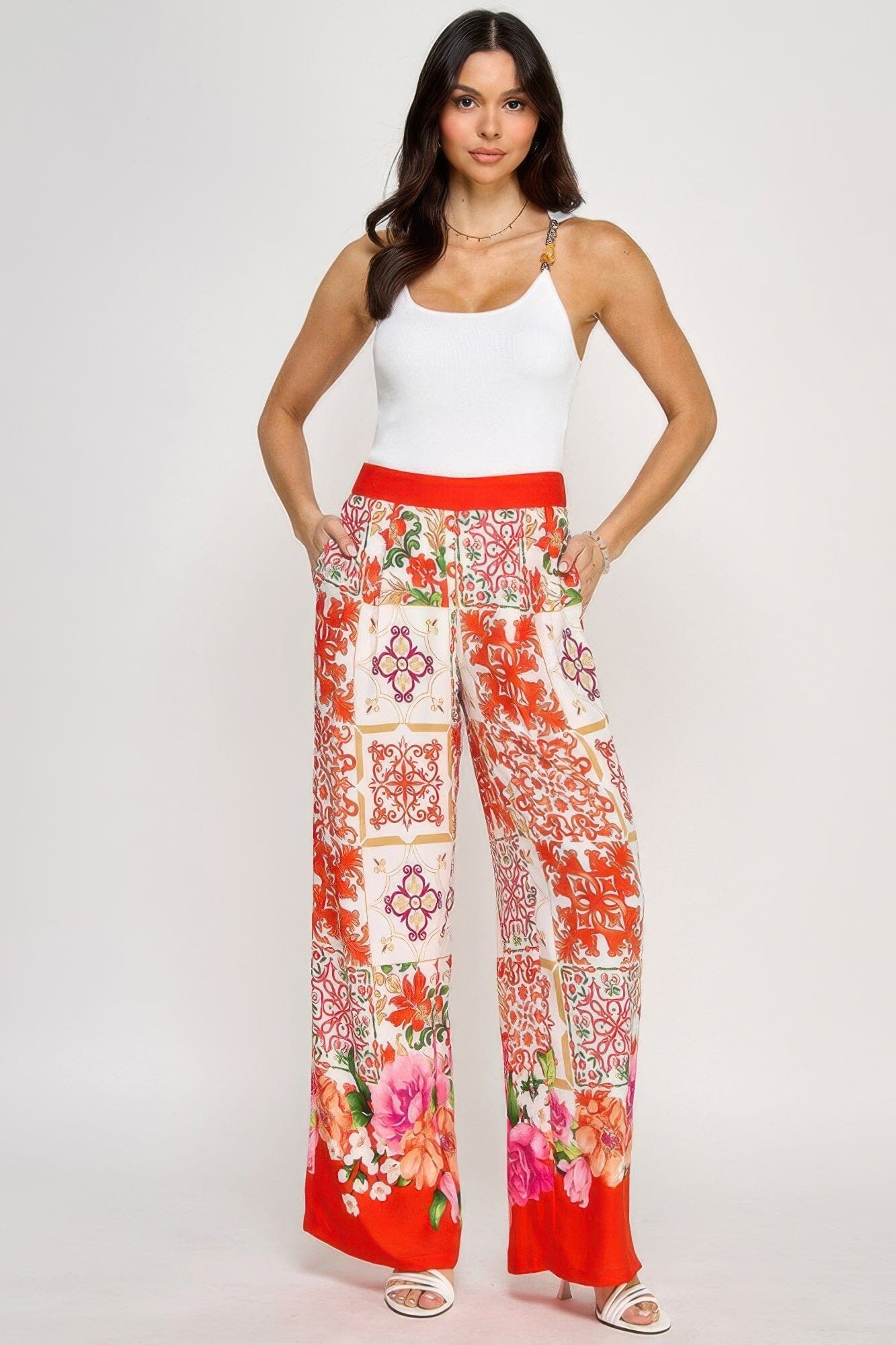 Women Printed Wide Leg Pants With Elastic Back Pants jehouze Tomato S