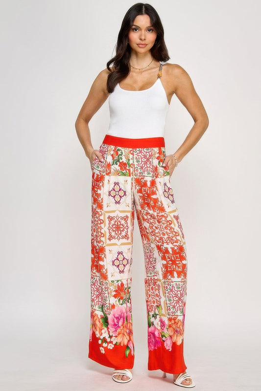 Women Printed Wide Leg Pants With Elastic Back Pants jehouze Tomato S