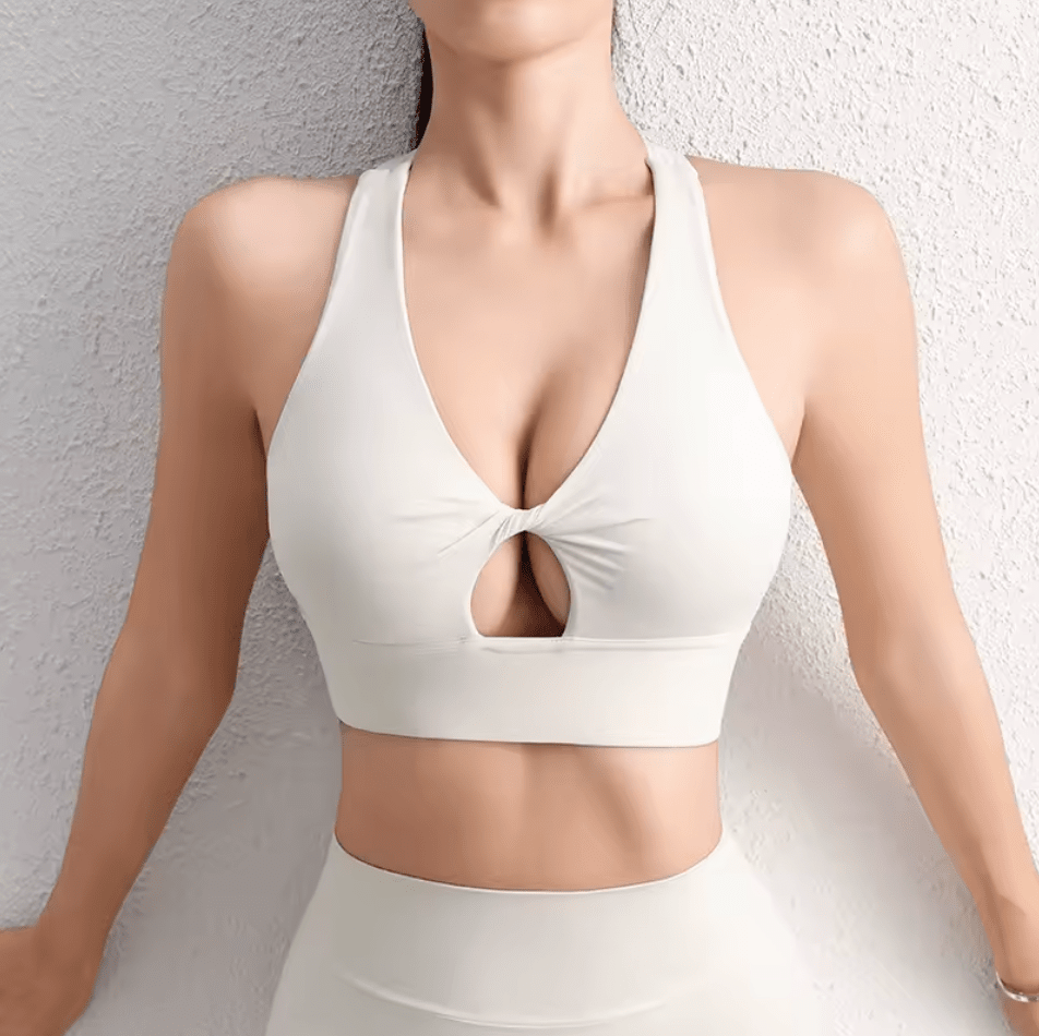 Women Removable Padded Halter Neck Yoga Crop Top Activewear jehouze Light Ivory S