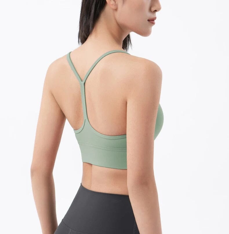 Women Removable Padded Yoga Y Back Spaghetti Thin Strap Workout Running Crop Activewear Top Activewear jehouze Avocado Green S 
