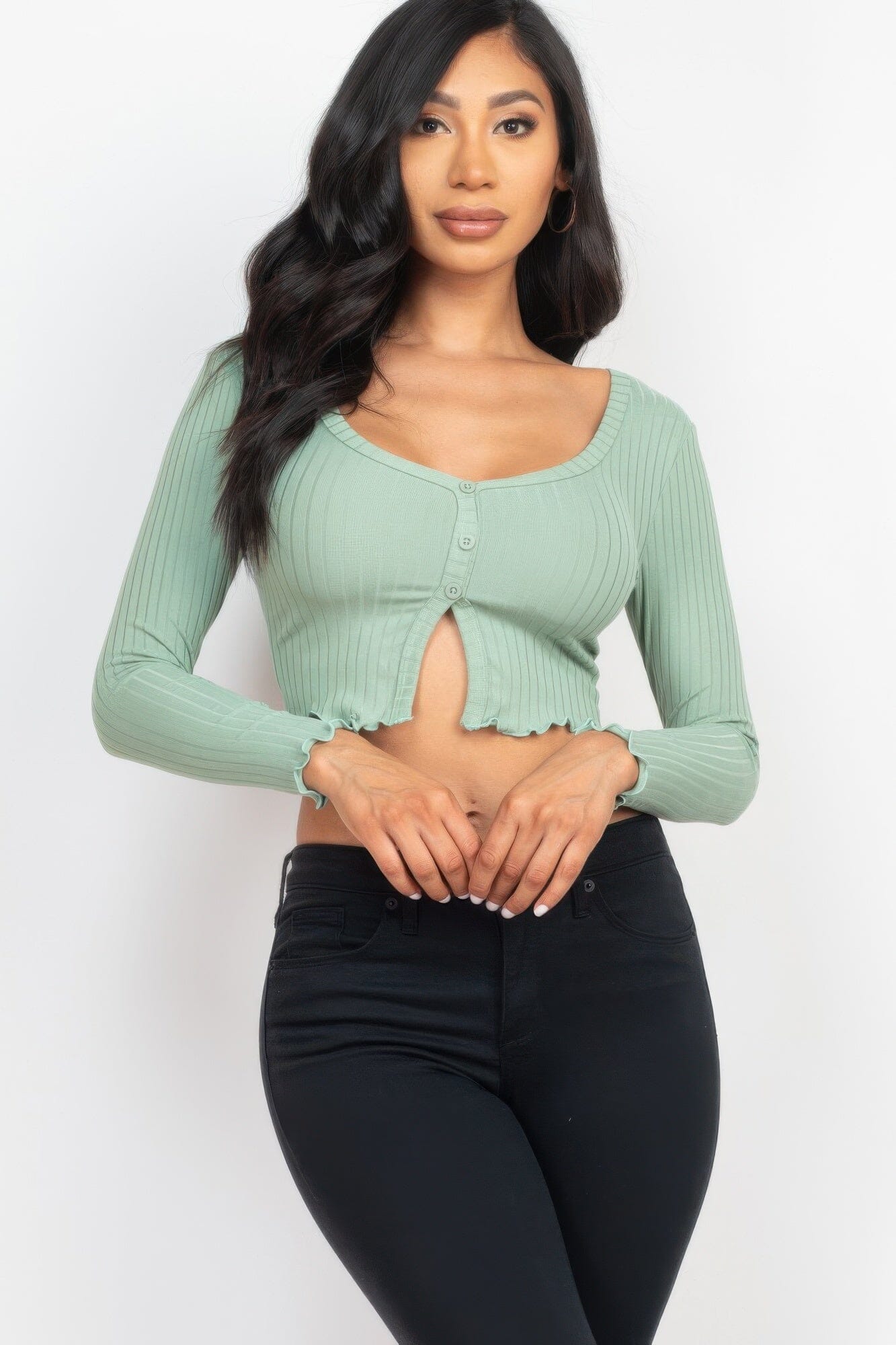 Women Ribbed Button Front Split Long Sleeve Top Shirts & Tops jehouze Green bay S