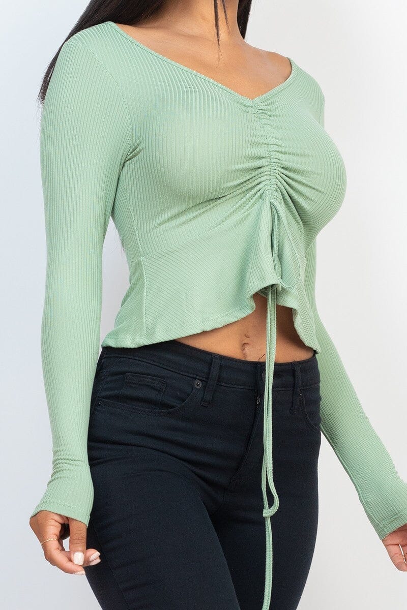 Women Ribbed Drawstring Front Long Sleeve Peplum Top Shirts & Tops jehouze