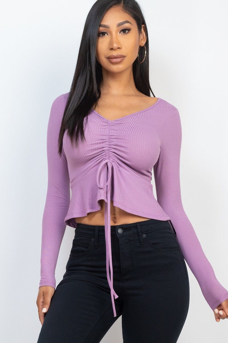 Women Ribbed Drawstring Front Long Sleeve Peplum Top Shirts & Tops jehouze Orchid S