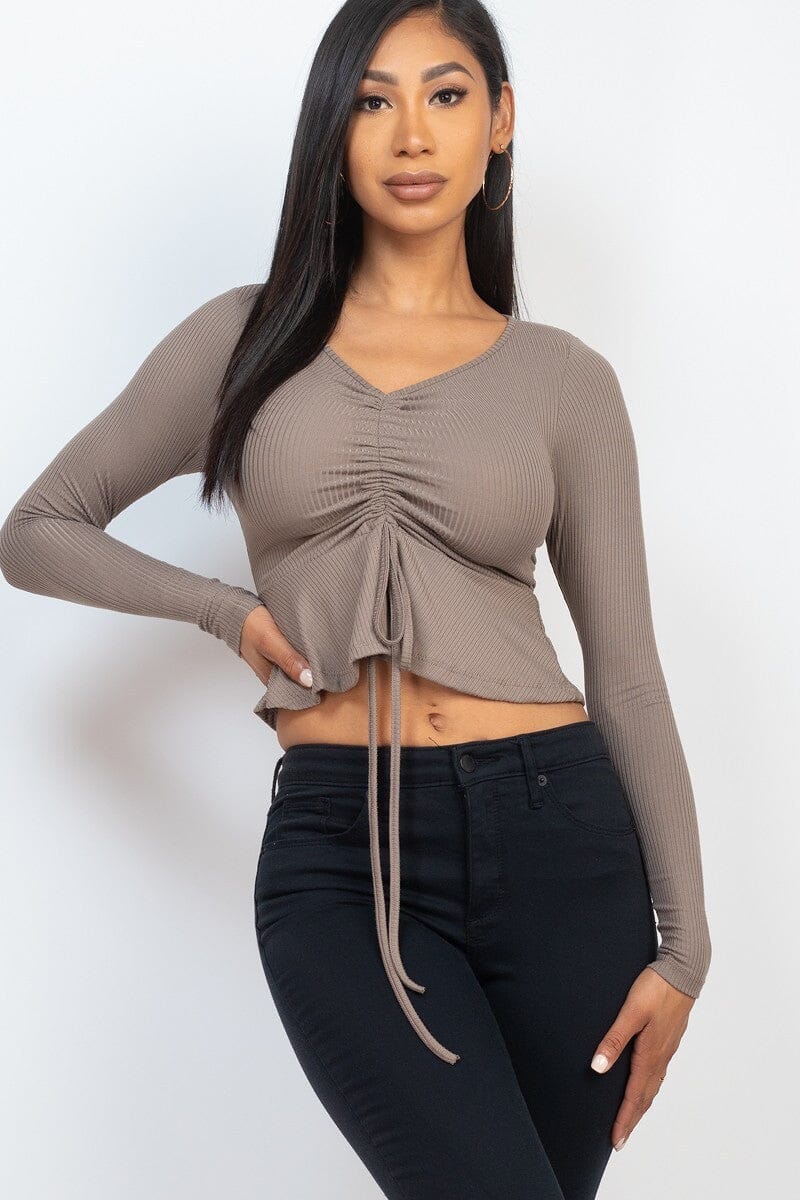 Women Ribbed Drawstring Front Long Sleeve Peplum Top Shirts & Tops jehouze Taupe S