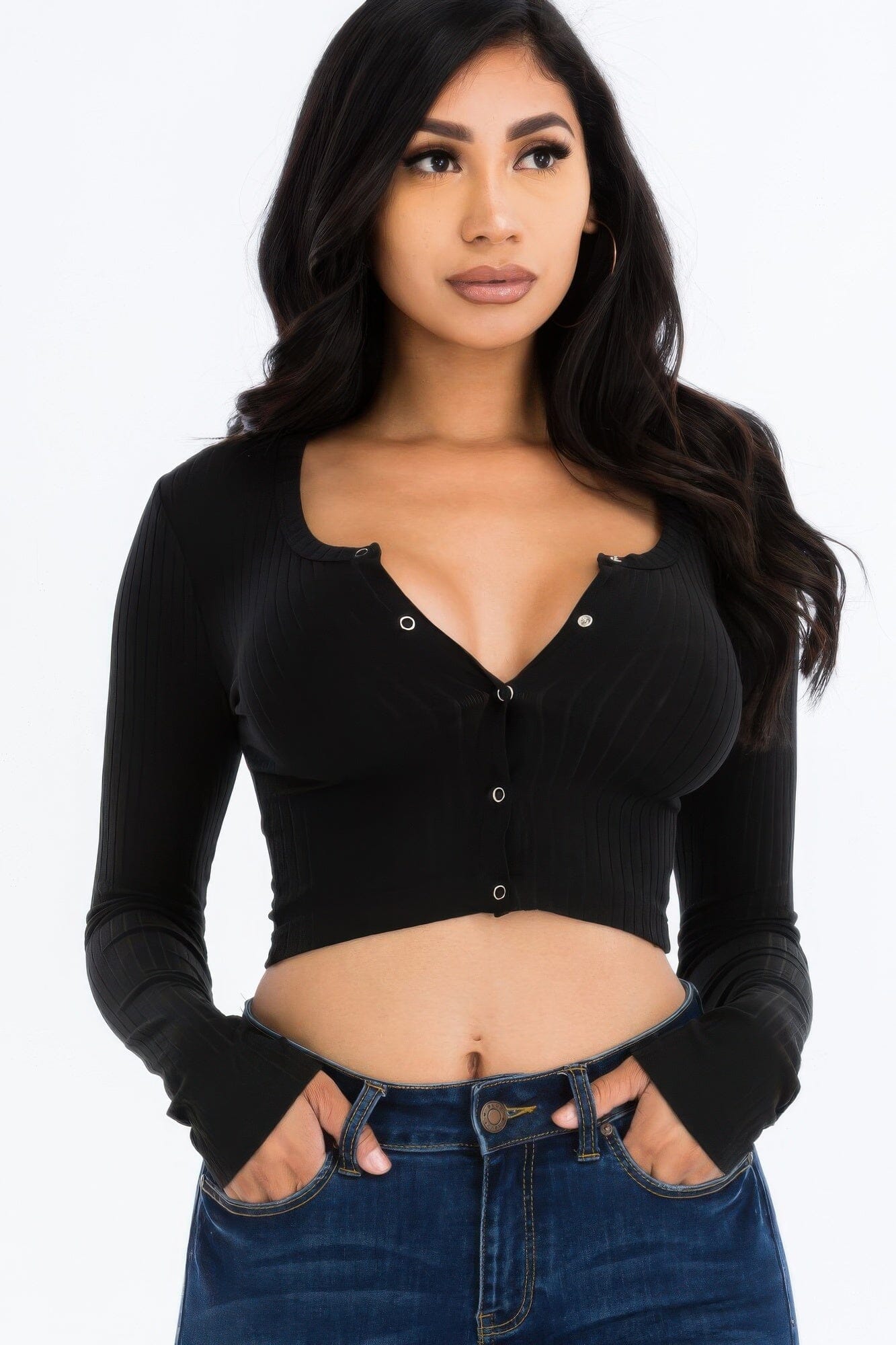 Women Ribbed Long Sleeve Snap Button Down Crop Top Shirts & Tops jehouze Black S