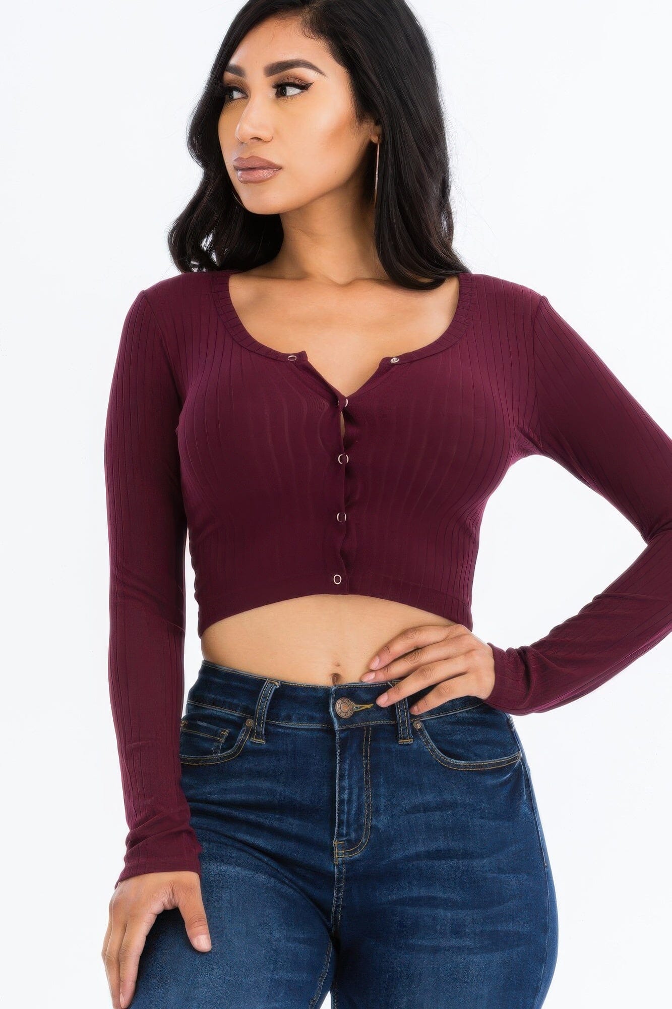 Women Ribbed Long Sleeve Snap Button Down Crop Top Shirts & Tops jehouze Burgundy S