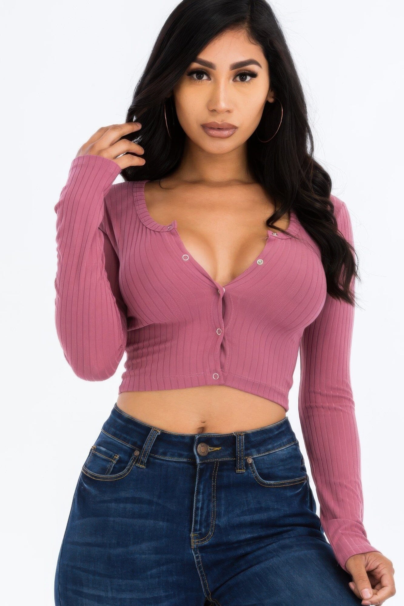 Women Ribbed Long Sleeve Snap Button Down Crop Top Shirts & Tops jehouze Dark mauve S