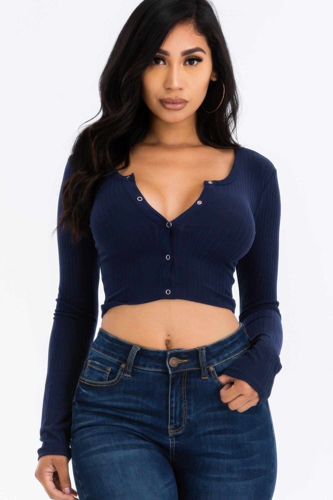 Women Ribbed Long Sleeve Snap Button Down Crop Top Shirts & Tops jehouze Navy S
