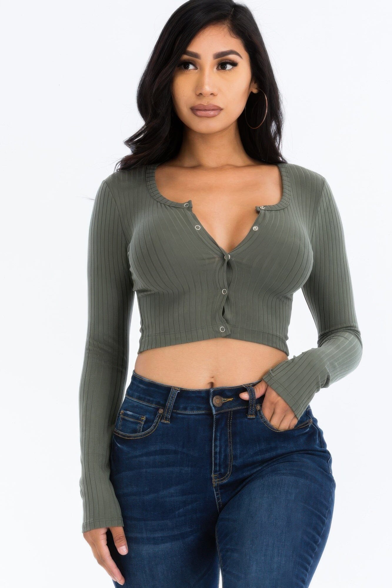 Women Ribbed Long Sleeve Snap Button Down Crop Top Shirts & Tops jehouze Olive S