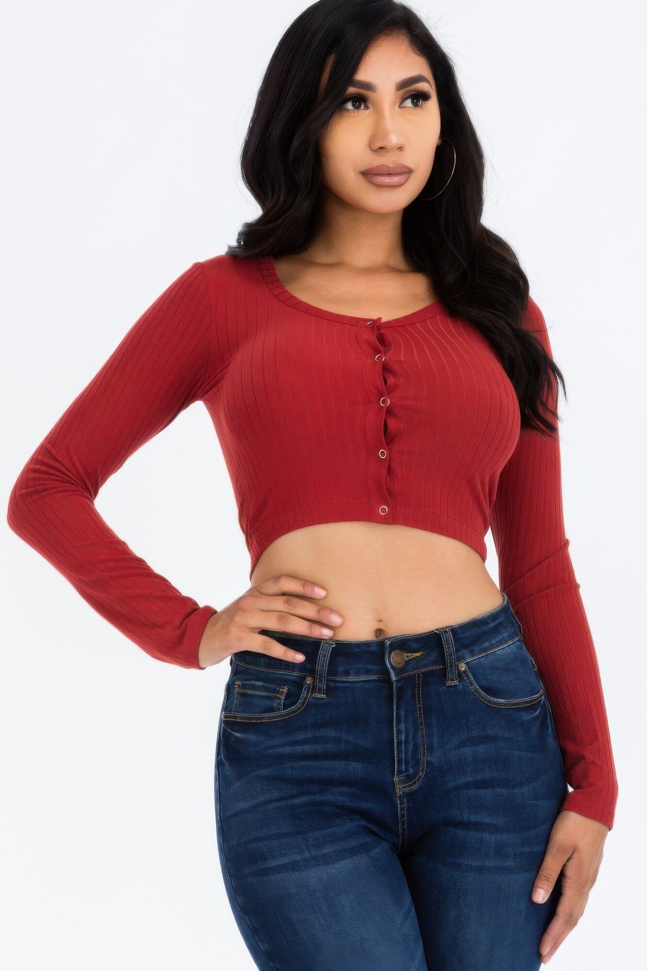 Women Ribbed Long Sleeve Snap Button Down Crop Top Shirts & Tops jehouze Rust S