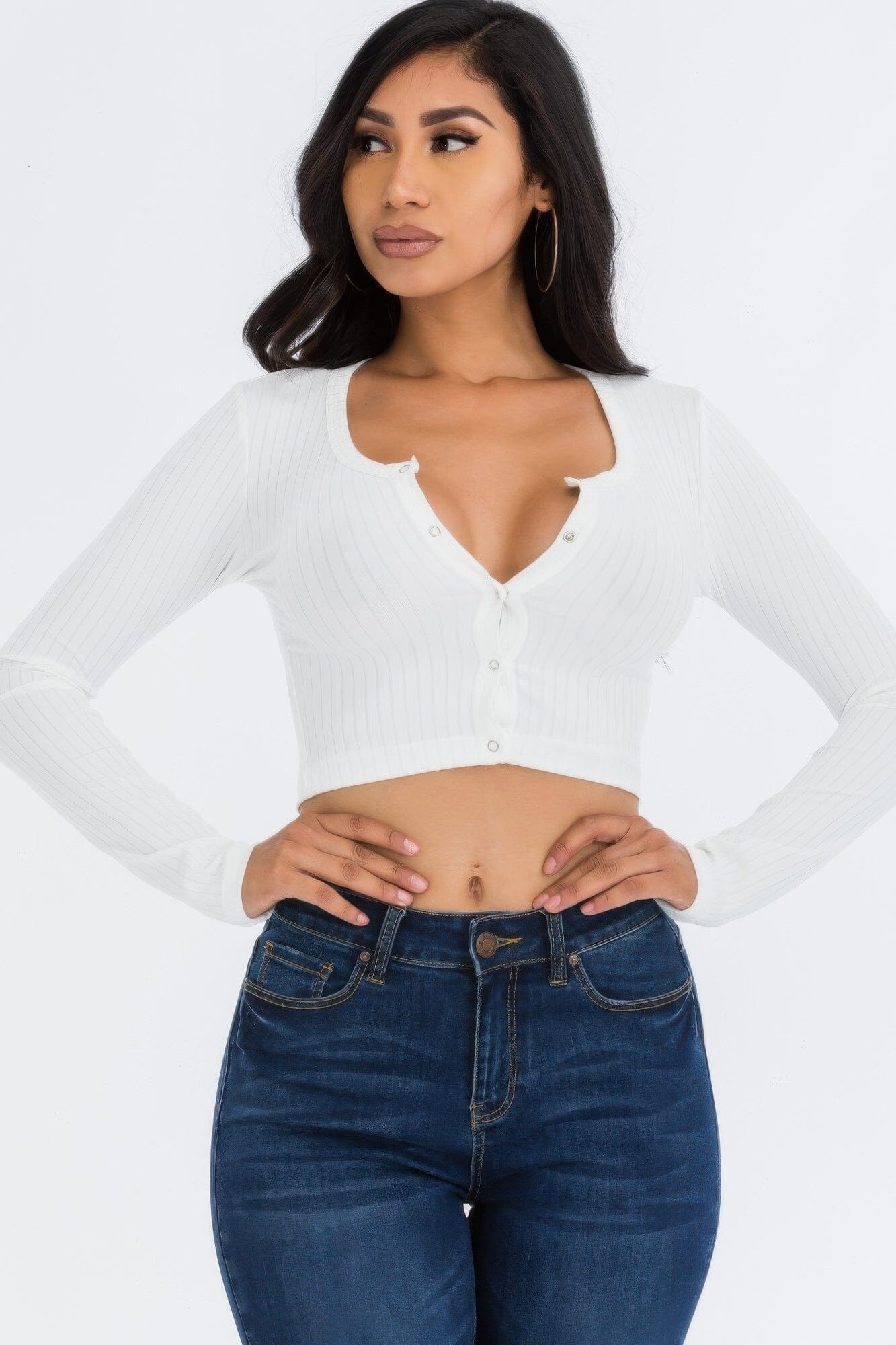 Women Ribbed Long Sleeve Snap Button Down Crop Top Shirts & Tops jehouze White S