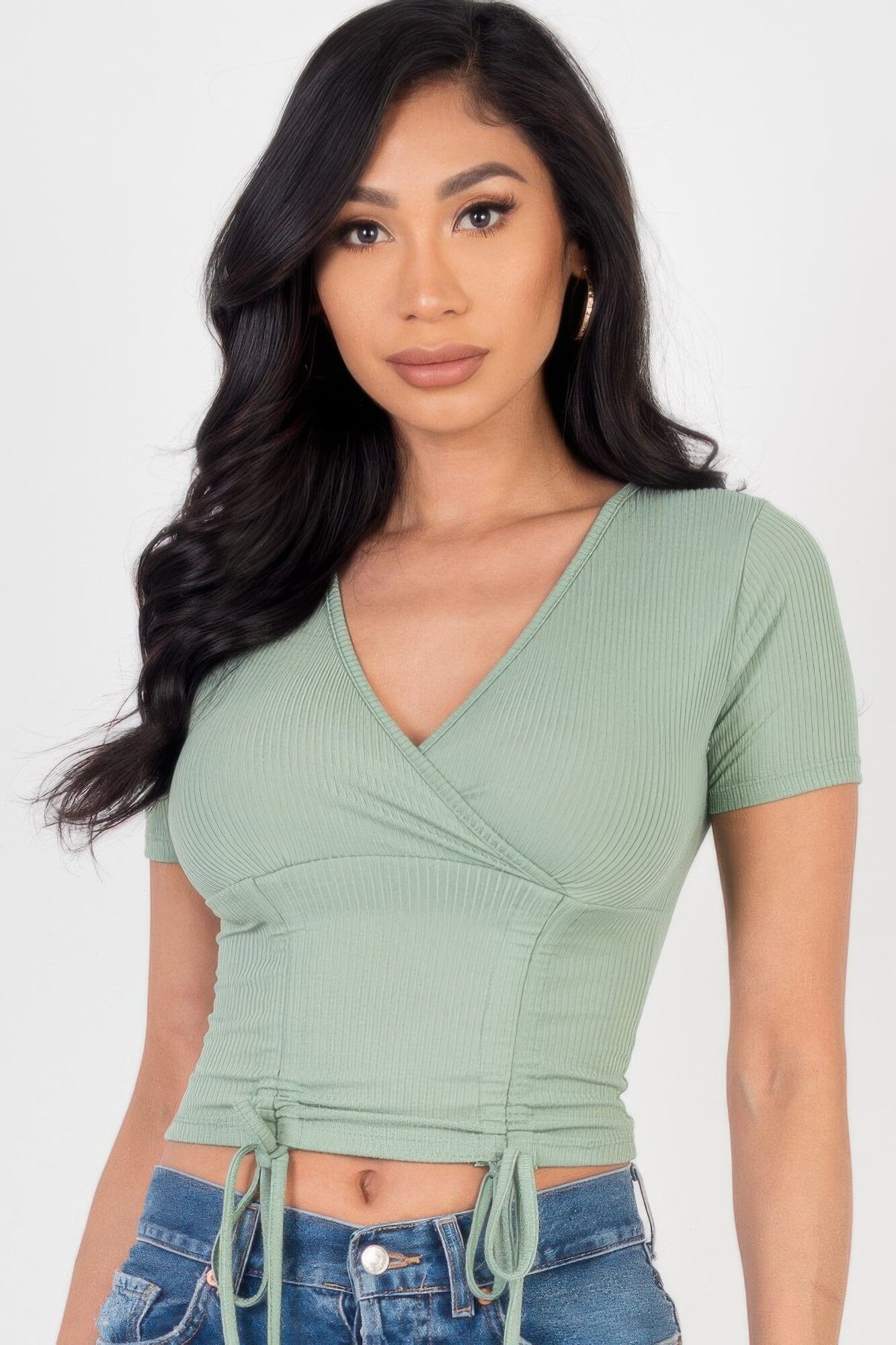 Women Ribbed Ruched Drawstring Surplice Top Shirts & Tops jehouze Green bay S