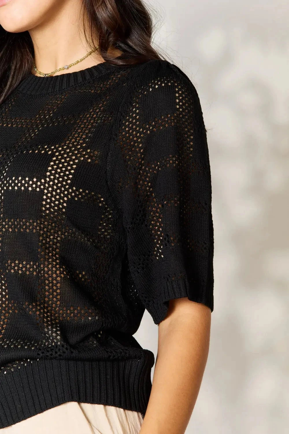 Women Ribbed Trim Round Neck Knit Top Shirts & Tops jehouze
