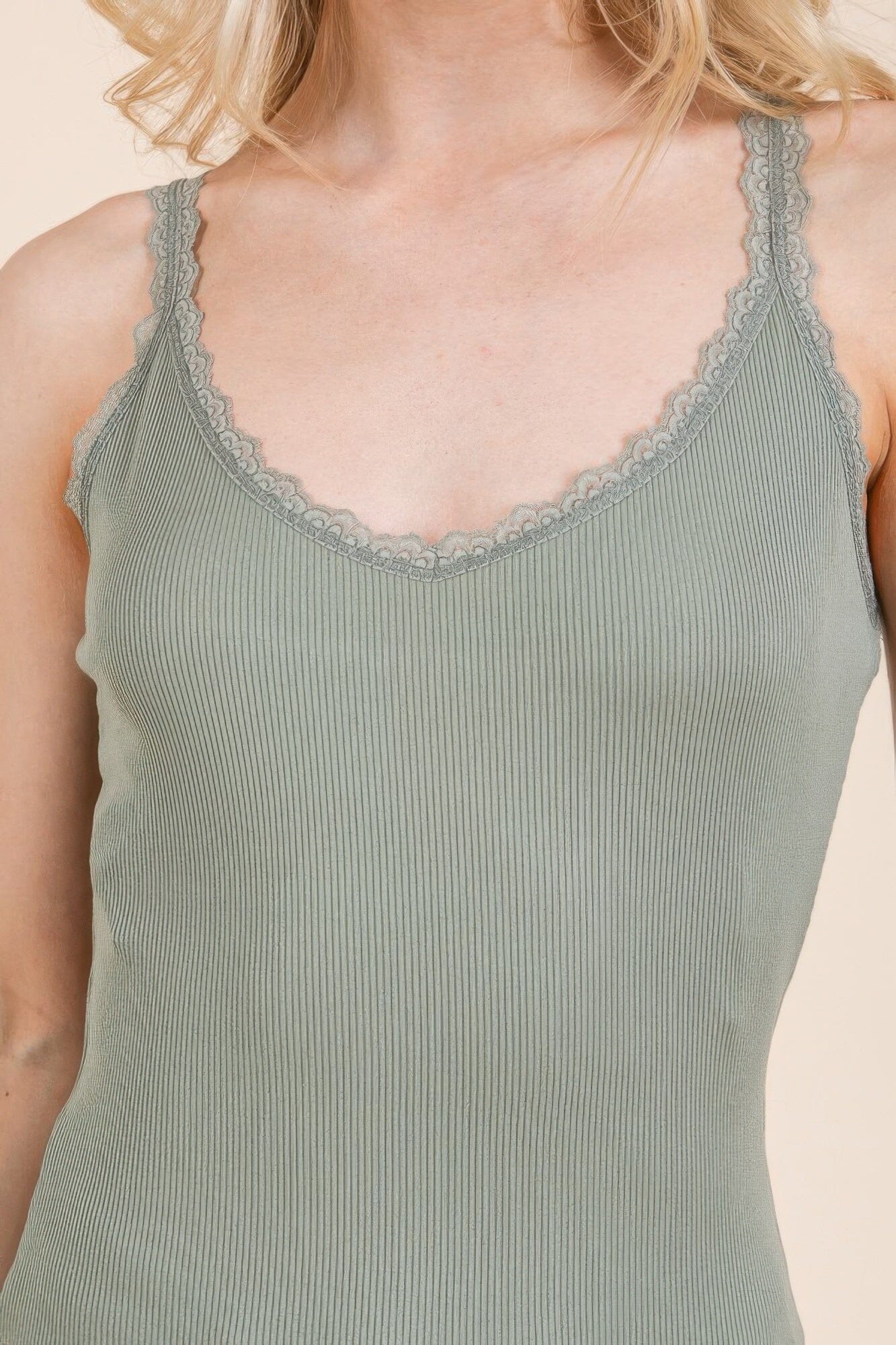 Women Ribbed V-neck Lace Trim With Strap Tank Top Shirts & Tops jehouze