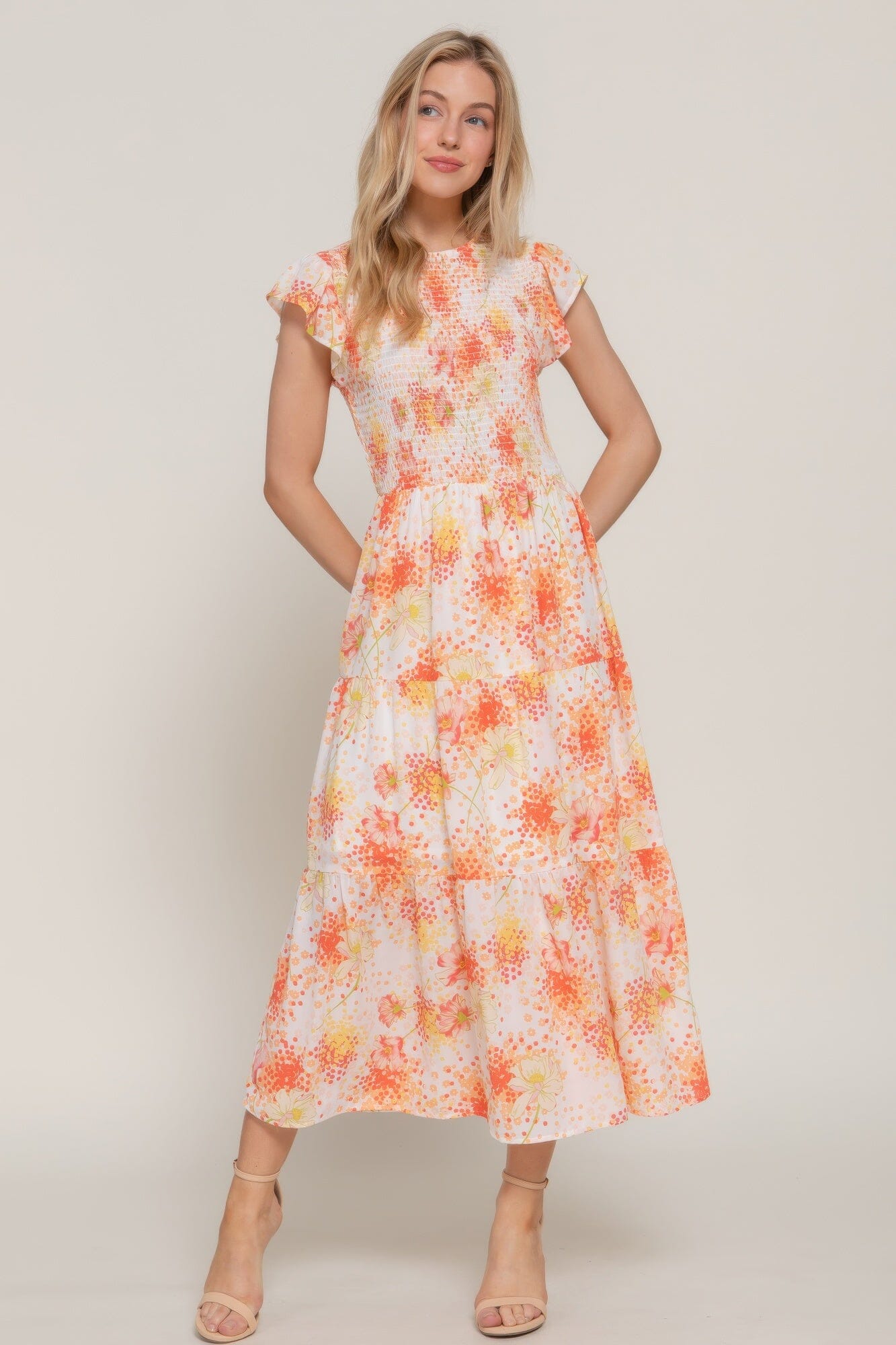 Women Ruffle Sleeve Smocked Floral Print Dress Dresses jehouze