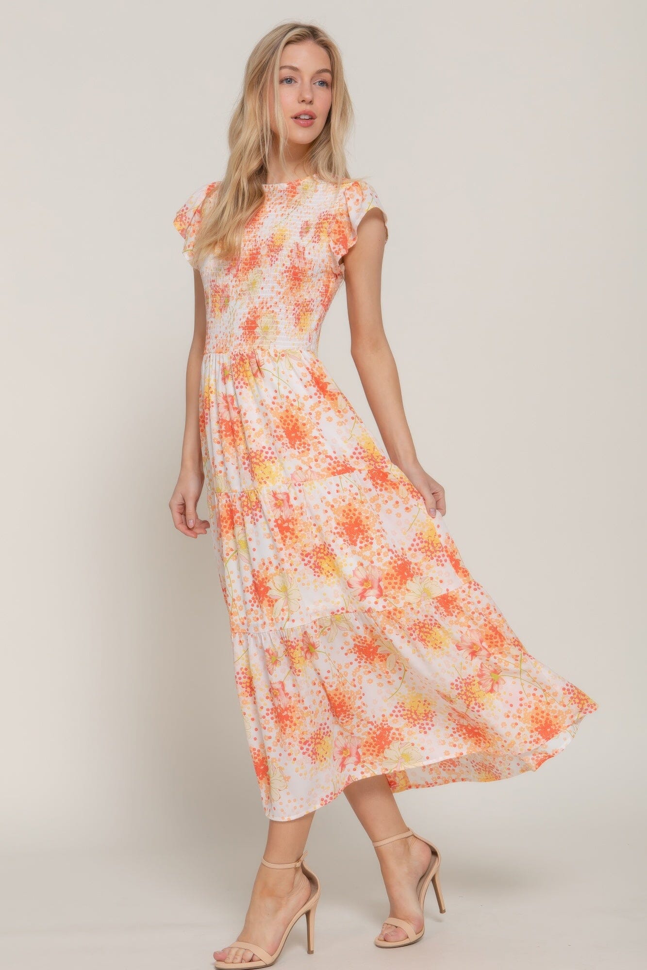 Women Ruffle Sleeve Smocked Floral Print Dress Dresses jehouze