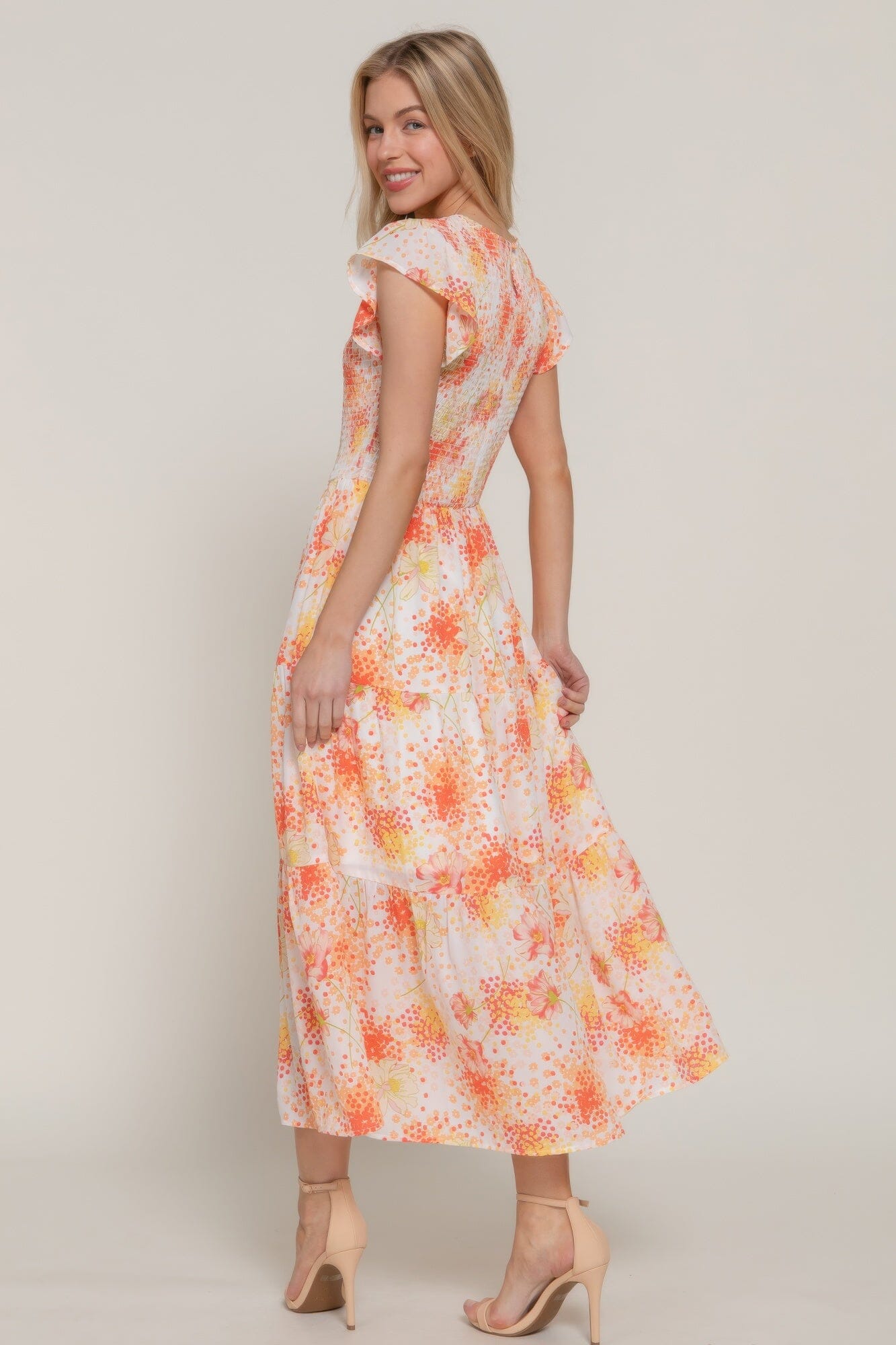 Women Ruffle Sleeve Smocked Floral Print Dress Dresses jehouze