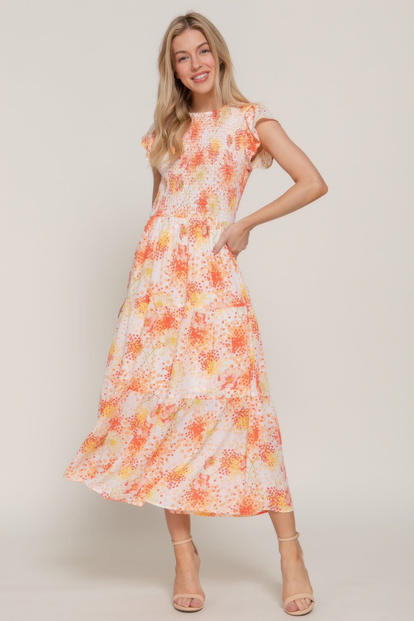 Women Ruffle Sleeve Smocked Floral Print Dress Dresses jehouze Ivory/yellow S