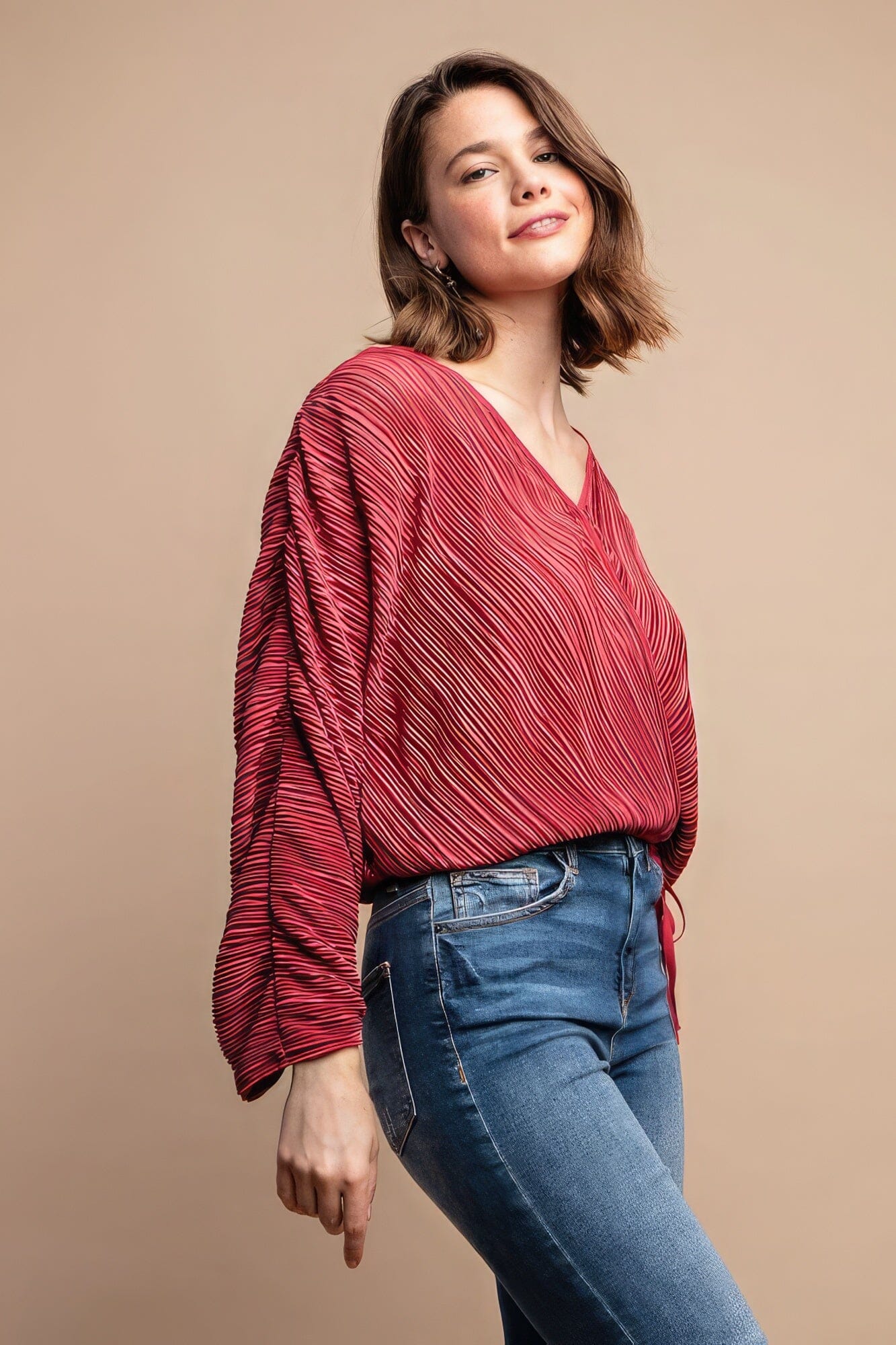 Women Satin Pleated Drawstring Top With Snap Button Shirts & Tops jehouze