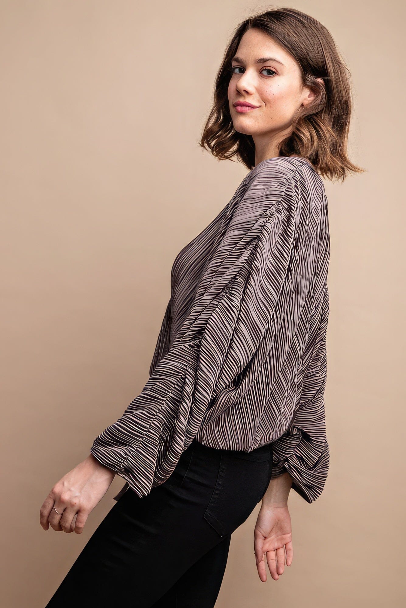 Women Satin Pleated Drawstring Top With Snap Button Shirts & Tops jehouze