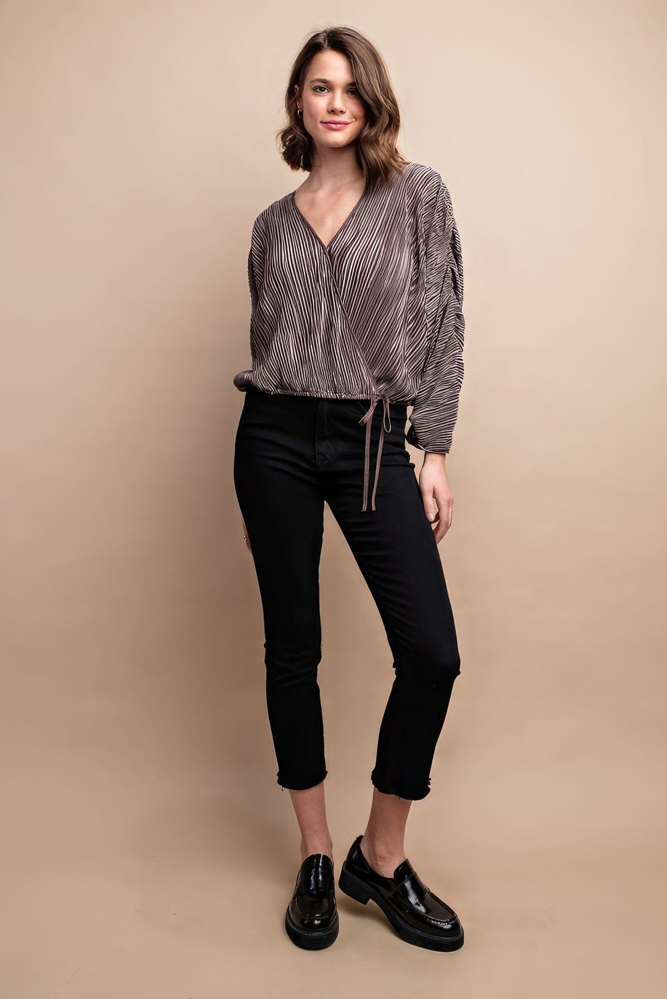 Women Satin Pleated Drawstring Top With Snap Button Shirts & Tops jehouze Mocha S