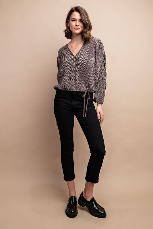 Women Satin Pleated Drawstring Top With Snap Button Shirts & Tops jehouze Mocha S