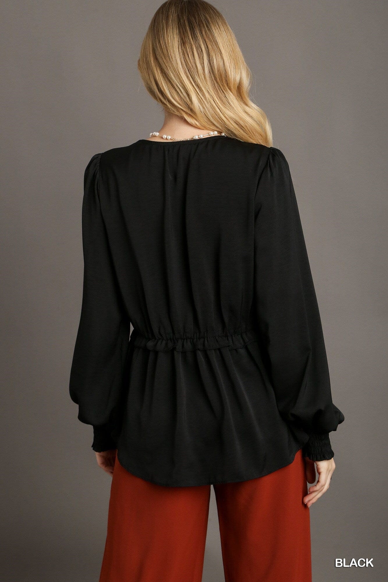Women Satin V-neck Ruffle Baby Doll Top With Cuffed Long Sleeve Shirts & Tops jehouze