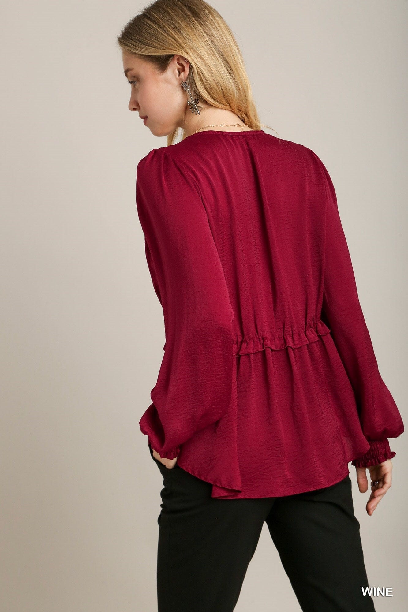 Women Satin V-neck Ruffle Baby Doll Top With Cuffed Long Sleeve Shirts & Tops jehouze