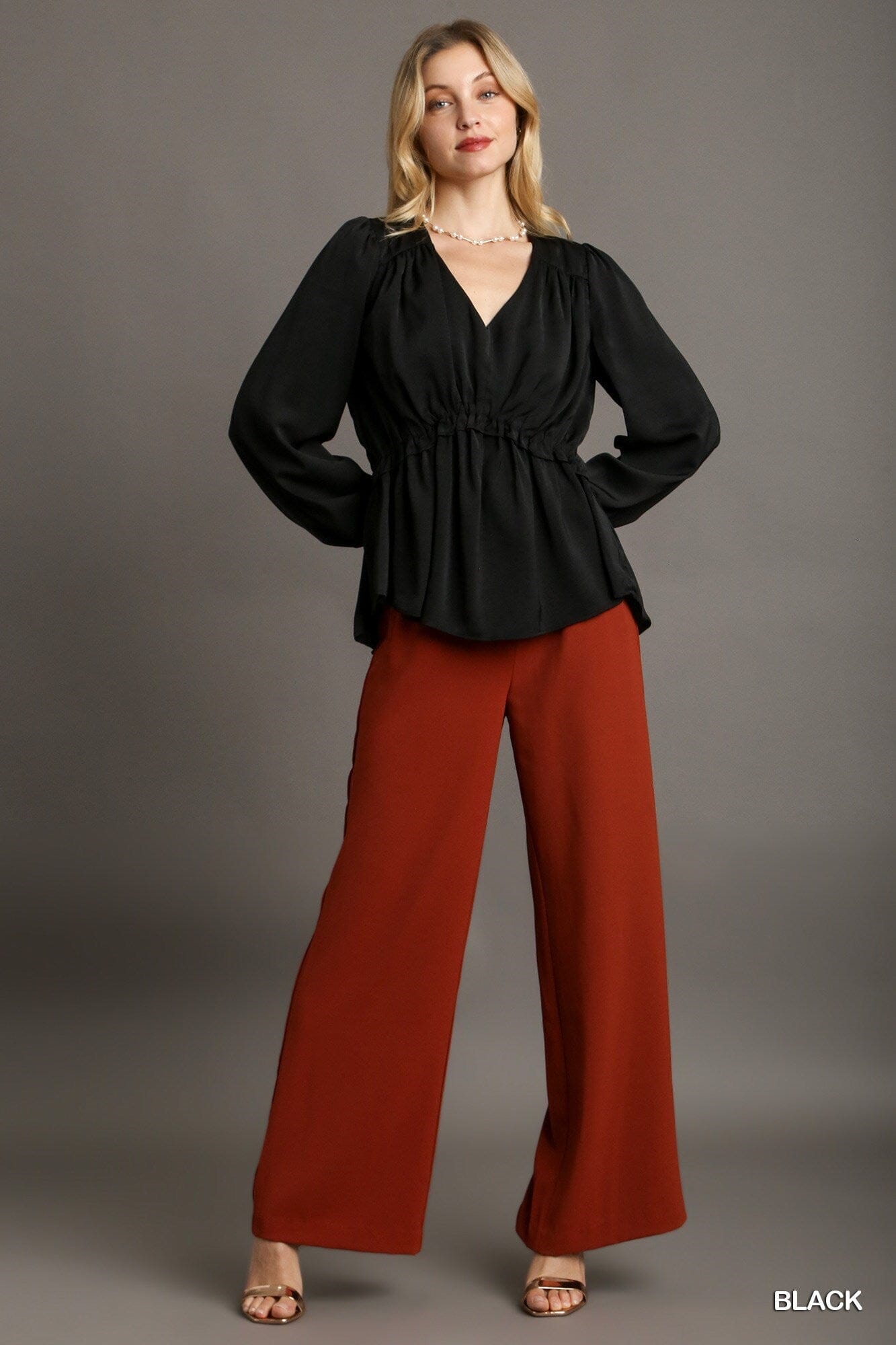 Women Satin V-neck Ruffle Baby Doll Top With Cuffed Long Sleeve Shirts & Tops jehouze Black S