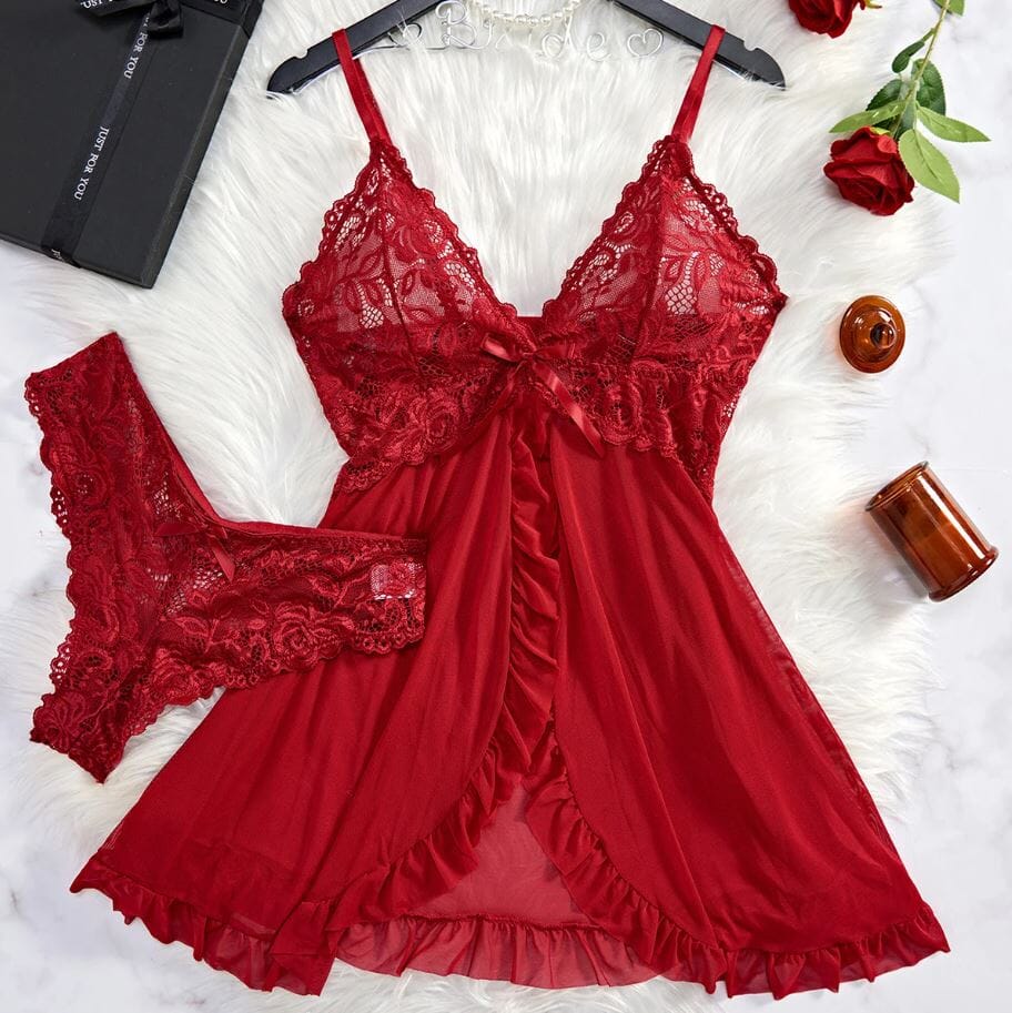 Women Sexy Lace Badydoll Mesh Nightgown Sleepwear Lingerie with panty Lingerie jehouze 293-WINE-RED S