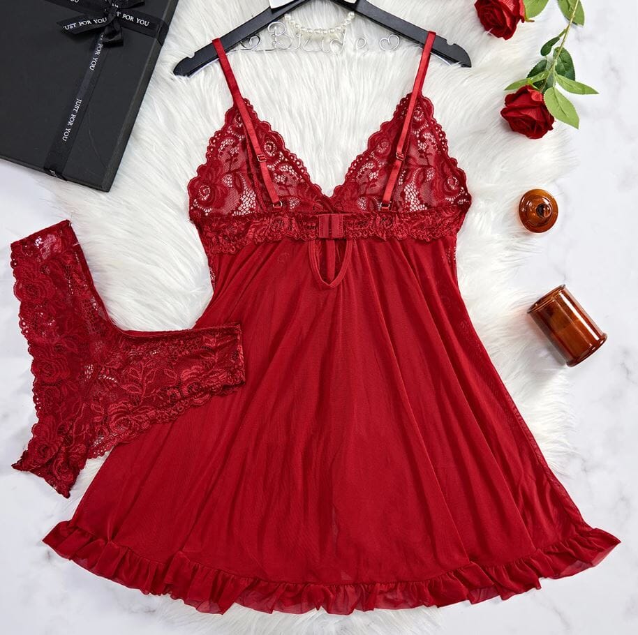 Women Sexy Lace Badydoll Mesh Nightgown Sleepwear Lingerie with panty Lingerie jehouze