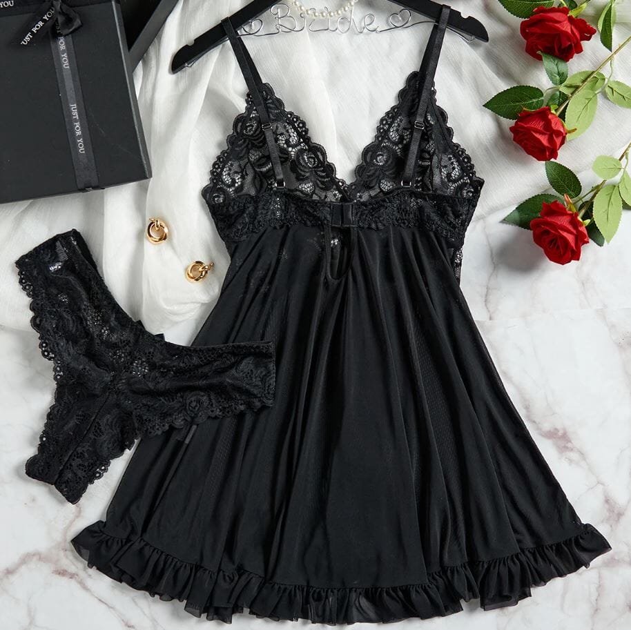 Women Sexy Lace Badydoll Mesh Nightgown Sleepwear Lingerie with panty Lingerie jehouze