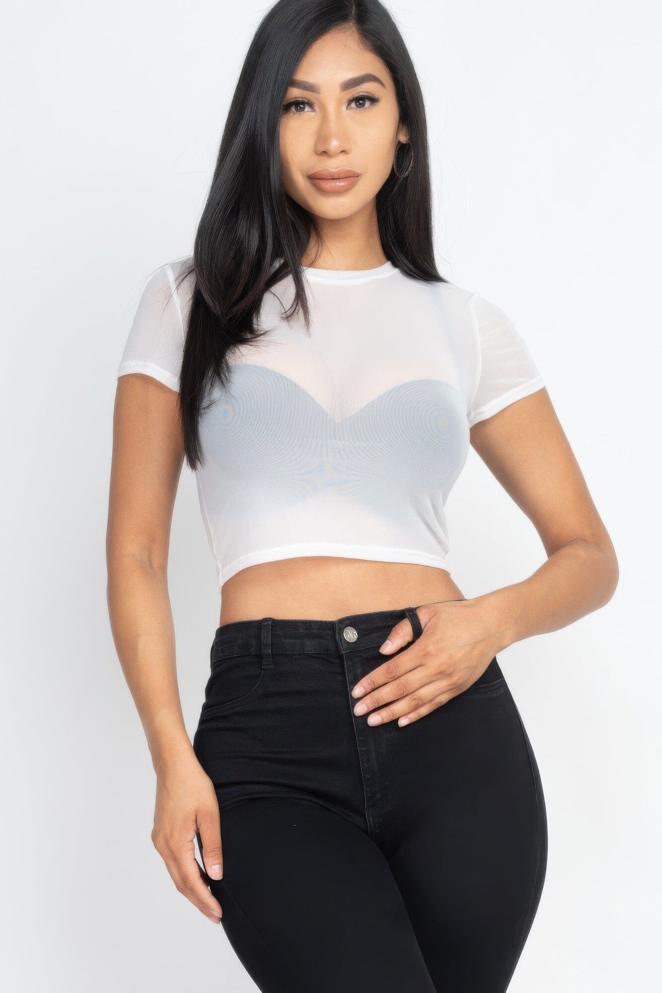 Women Sexy Mesh Sheer Short Sleeve Crop Top Shirts & Tops jehouze