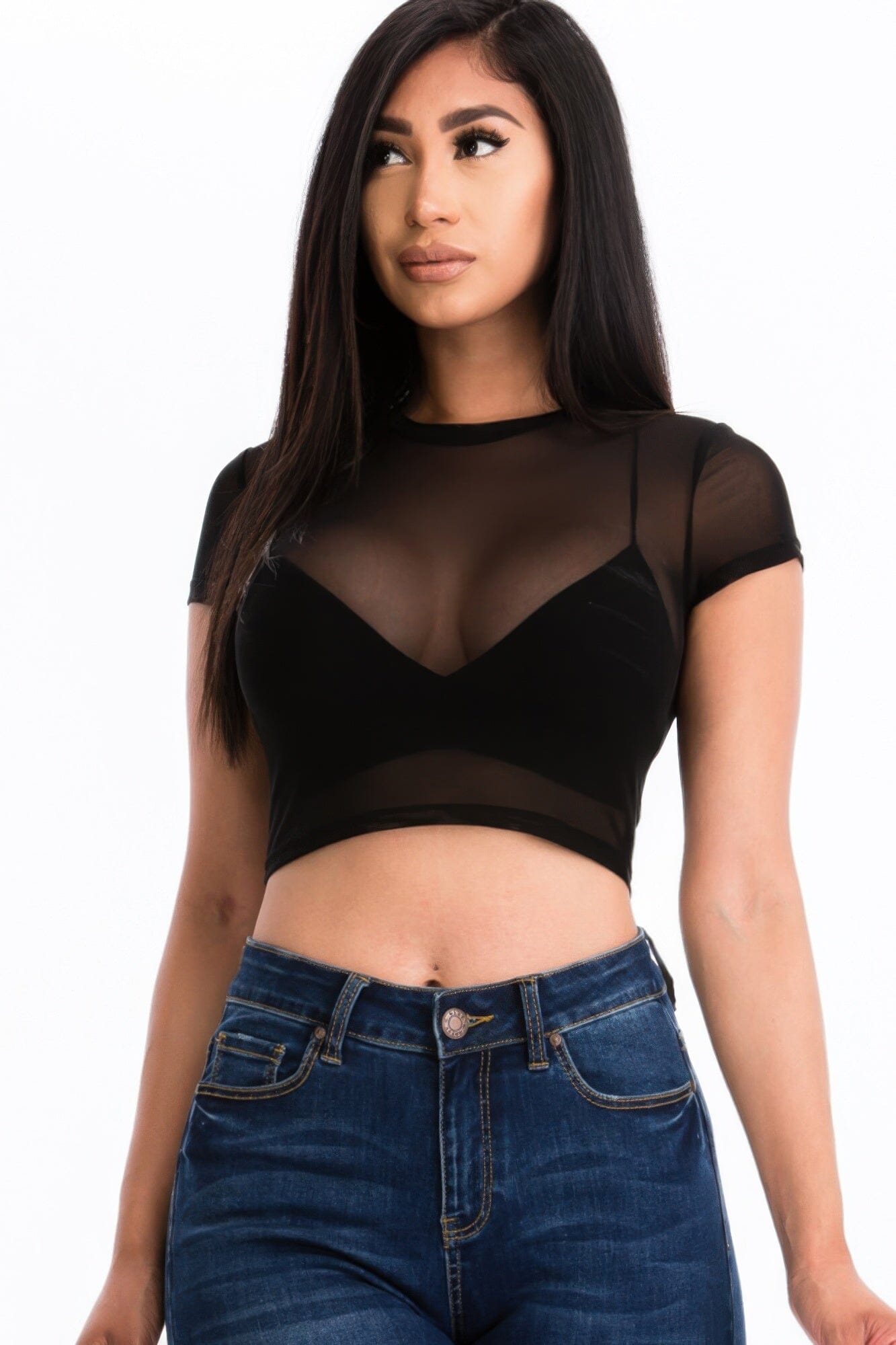 Women Sexy Mesh Sheer Short Sleeve Crop Top Shirts & Tops jehouze Black S