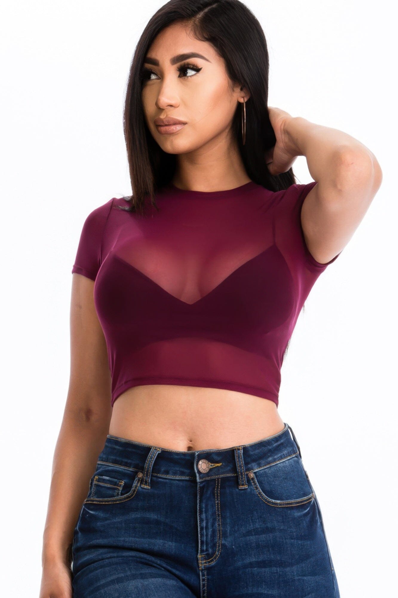 Women Sexy Mesh Sheer Short Sleeve Crop Top Shirts & Tops jehouze Burgundy S