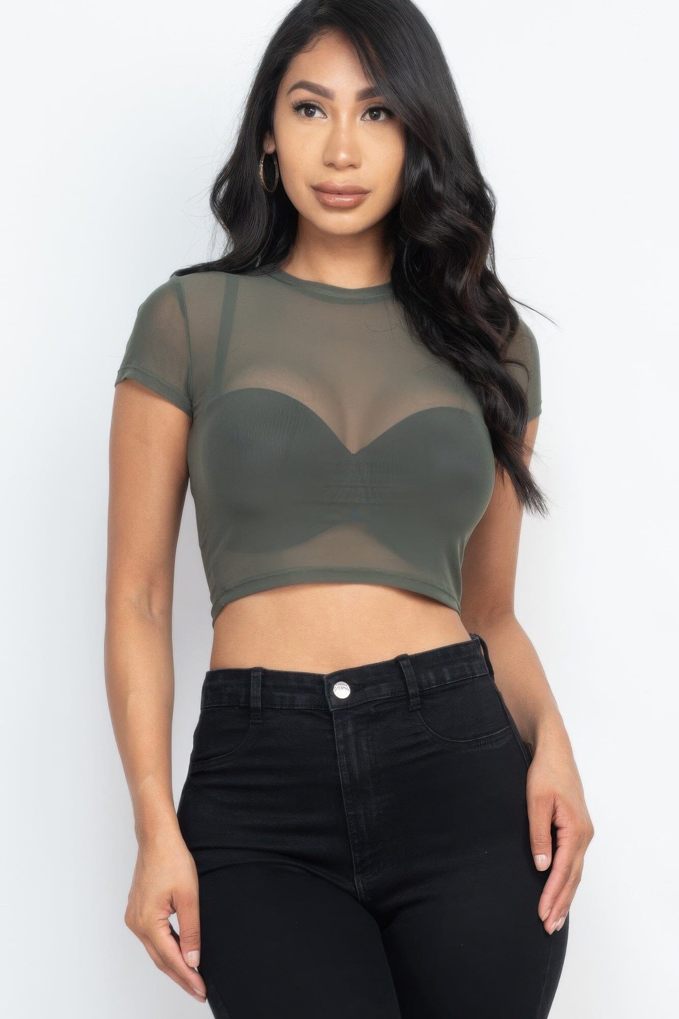 Women Sexy Mesh Sheer Short Sleeve Crop Top Shirts & Tops jehouze Olive S
