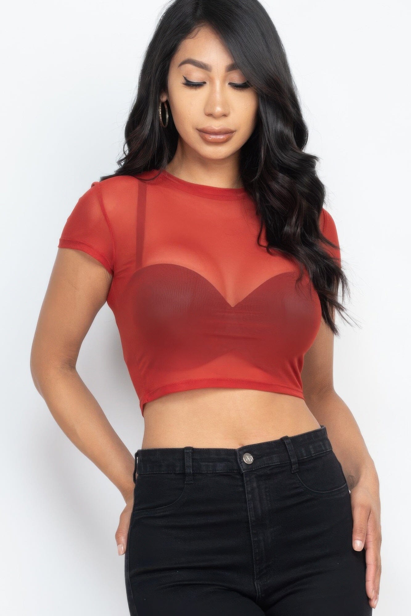 Women Sexy Mesh Sheer Short Sleeve Crop Top Shirts & Tops jehouze Rust S
