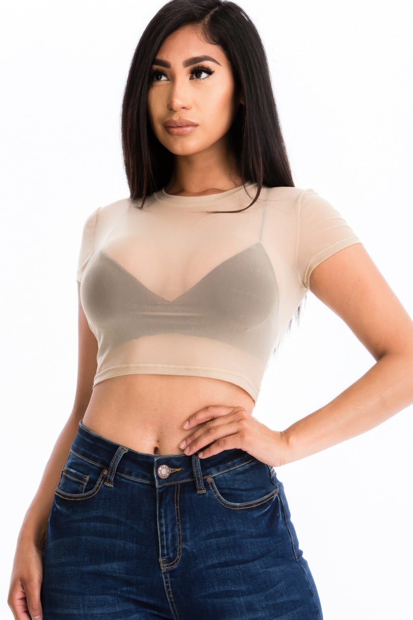 Women Sexy Mesh Sheer Short Sleeve Crop Top Shirts & Tops jehouze White S