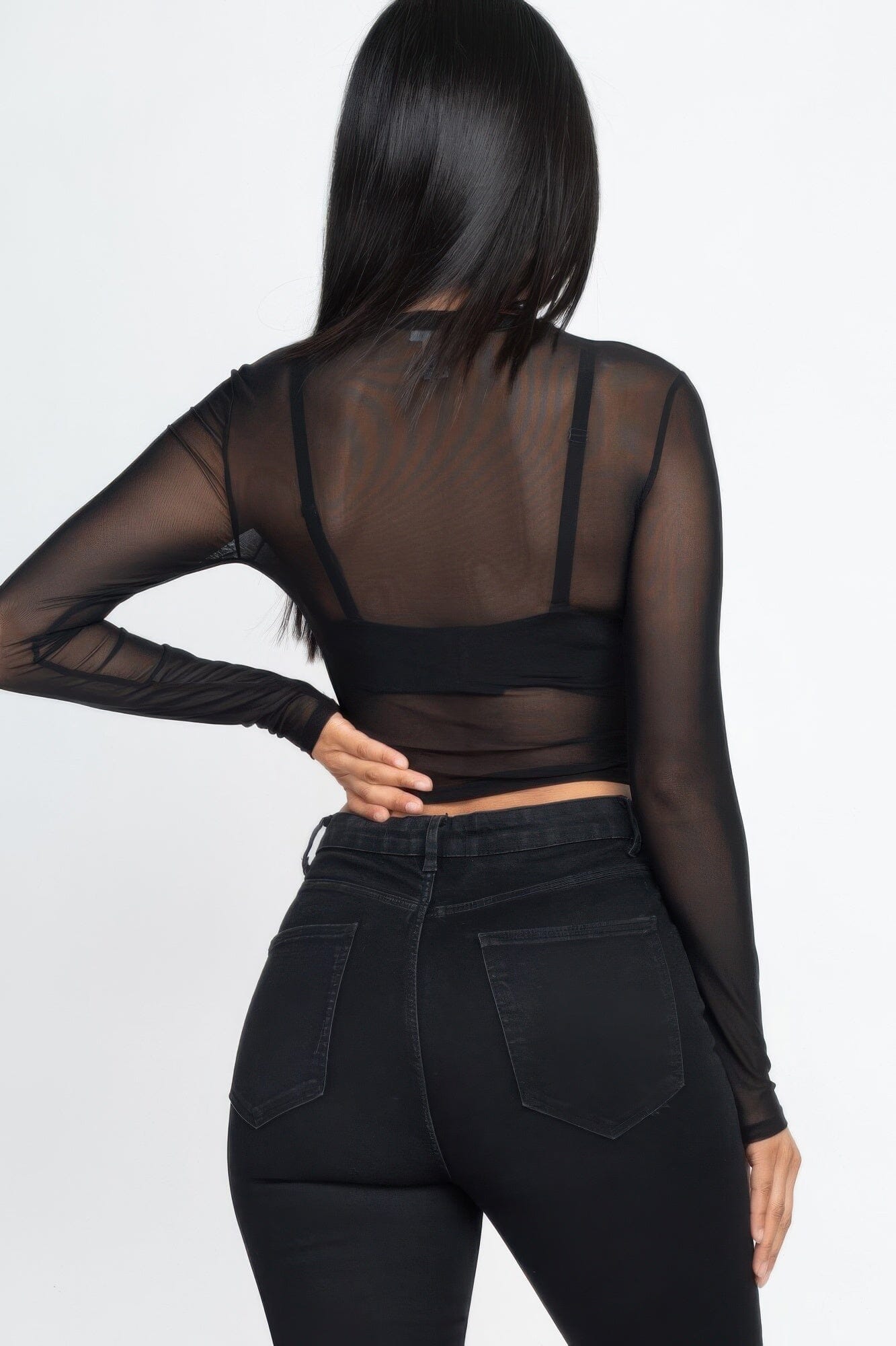 Women Sexy Sheer Mesh Long Sleeve Crop Top Shirts & Tops jehouze